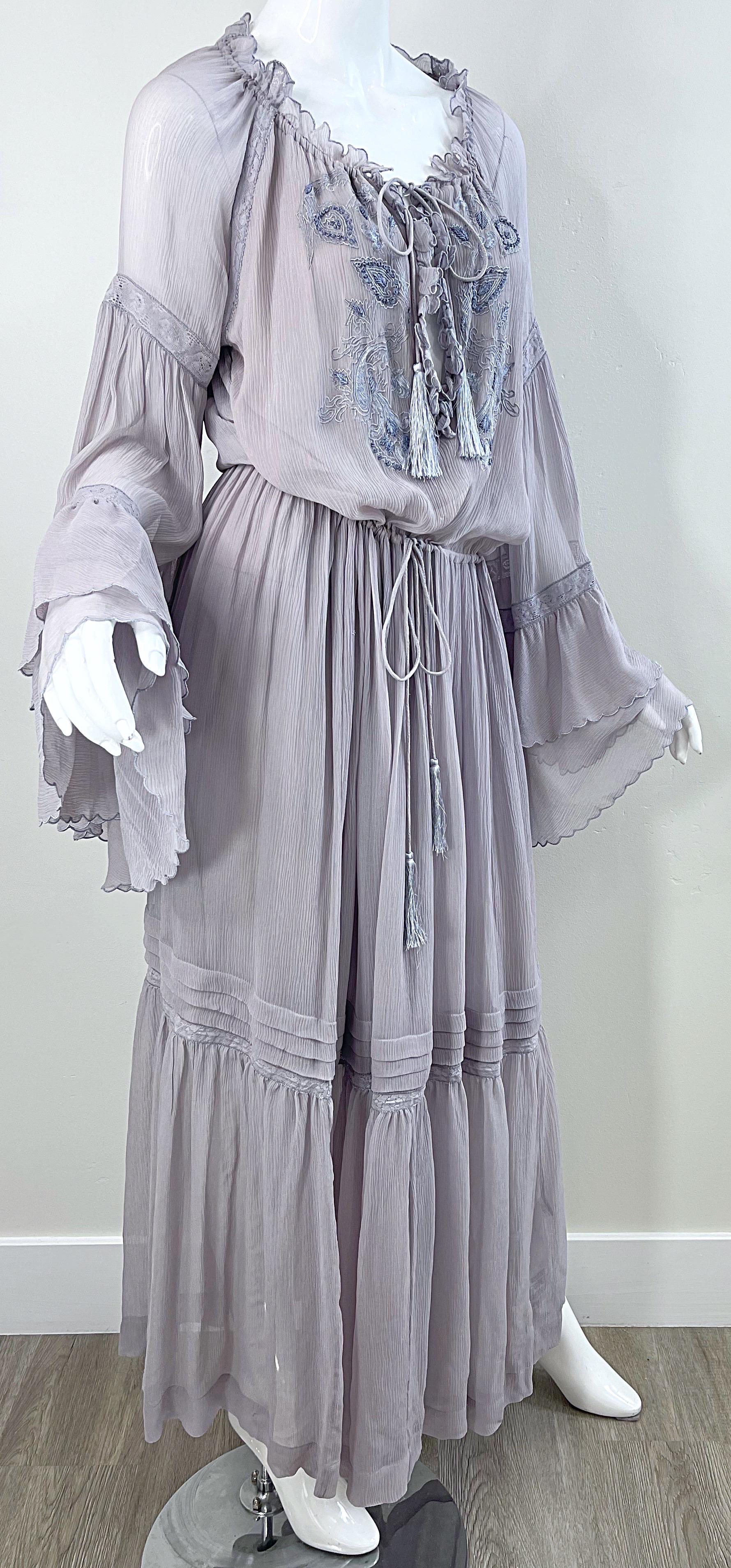 ETRO Resort 2020 Grey Silk Chiffon Gauze 70s Boho Style Bell Sleeve Maxi Dress For Sale 4