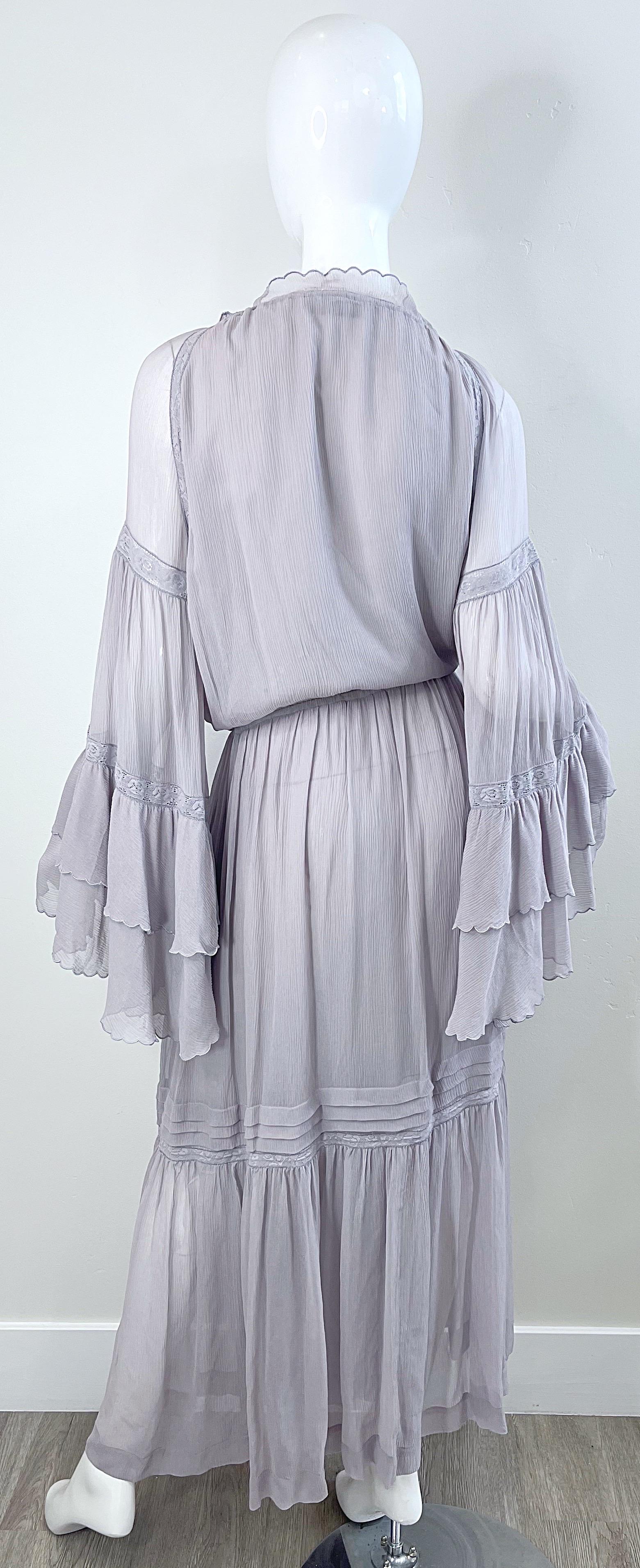 ETRO Resort 2020 Grey Silk Chiffon Gauze 70s Boho Style Bell Sleeve Maxi Dress For Sale 5