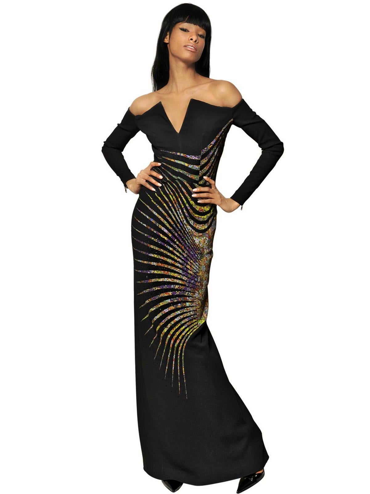 Etro Runway AD Campaign Micro Beaded Black Off Shoulder Dress Gown Italian 44 For Sale 9