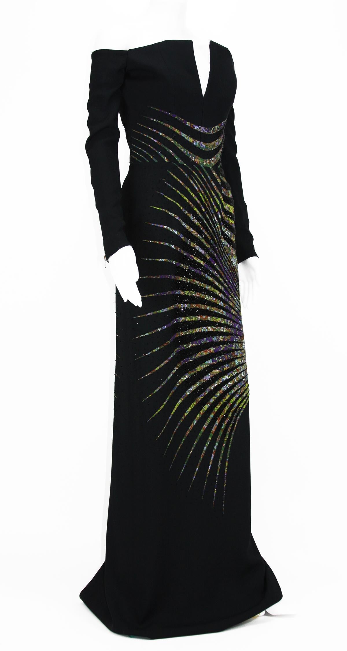 Etro Runway AD Campaign Micro Beaded Black Off Shoulder Dress Gown Italian 44 For Sale 1
