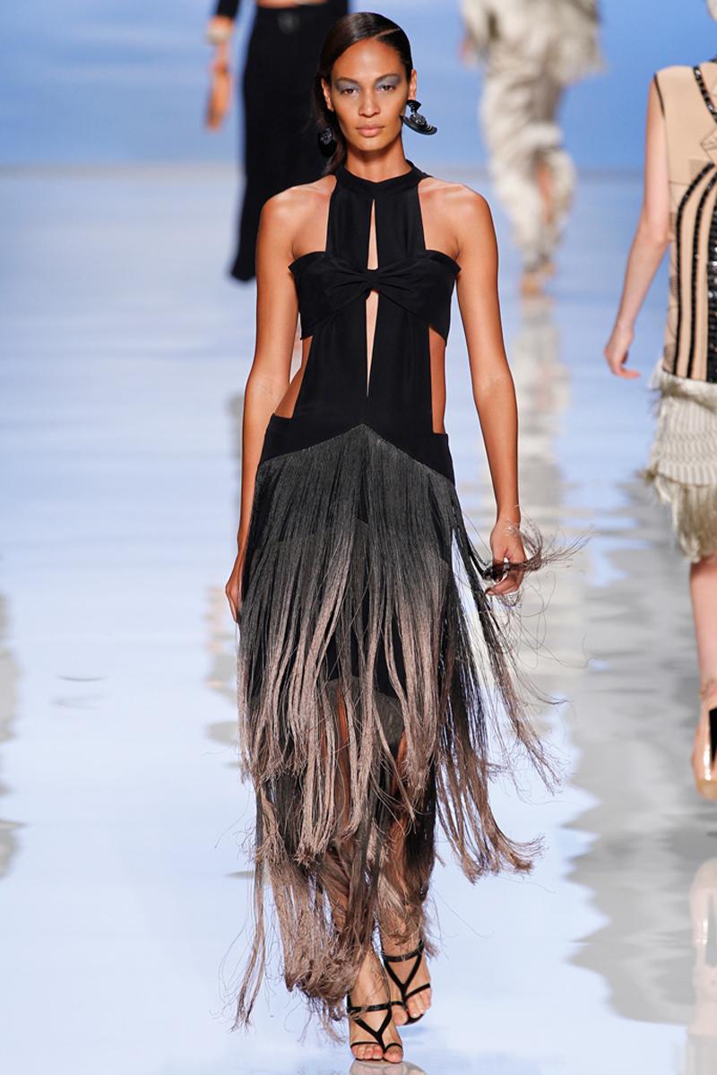 ETRO Runway Black Degrade Silk Fringe Dress Gown
Designer size 42
Colors: Black & Tan
Double Layered Silk Crepe Top Panels, Skirt Panels in Silk Crepe with Degrade Fringing.
Halter Neck with Hook and Eye Closure, Back Zip Closure, Fully