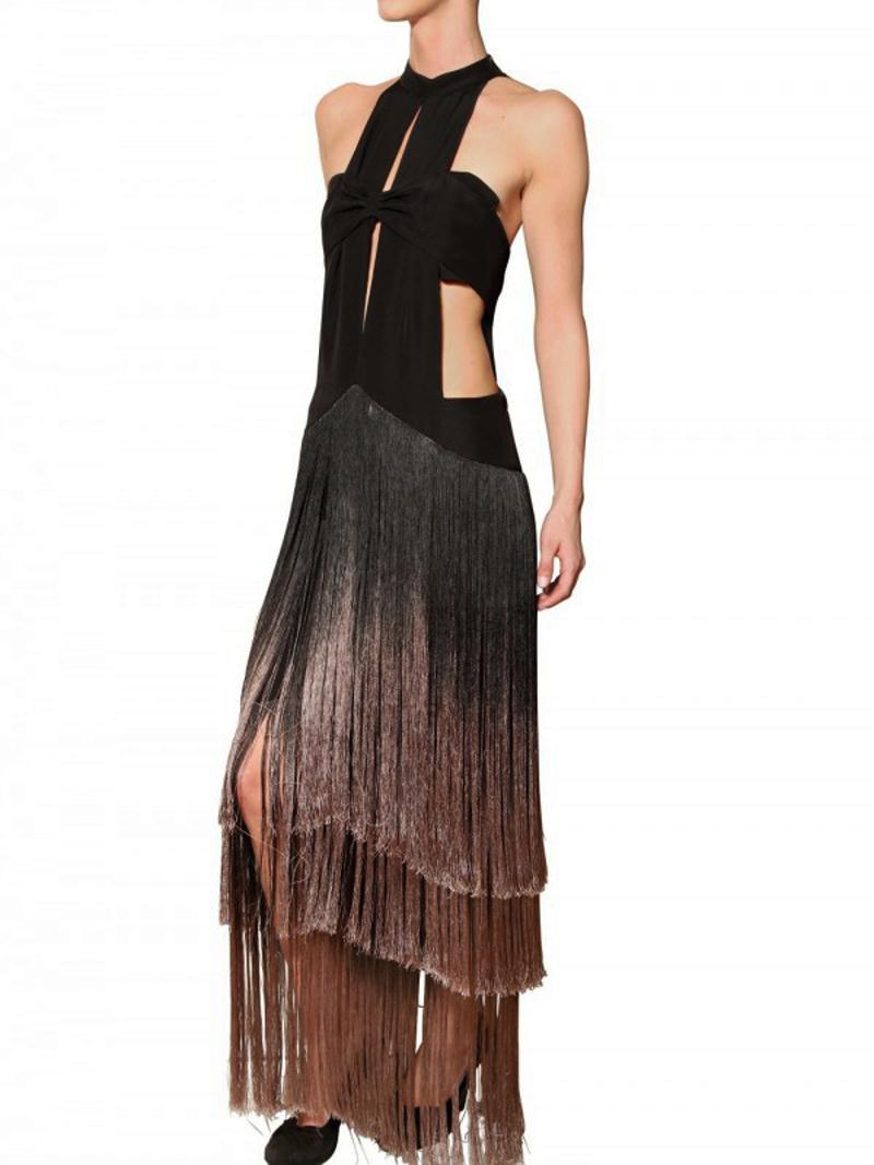 Etro Runway Black Degrade Silk Fringe Cut Out Dress It. 42 In Excellent Condition For Sale In Montgomery, TX