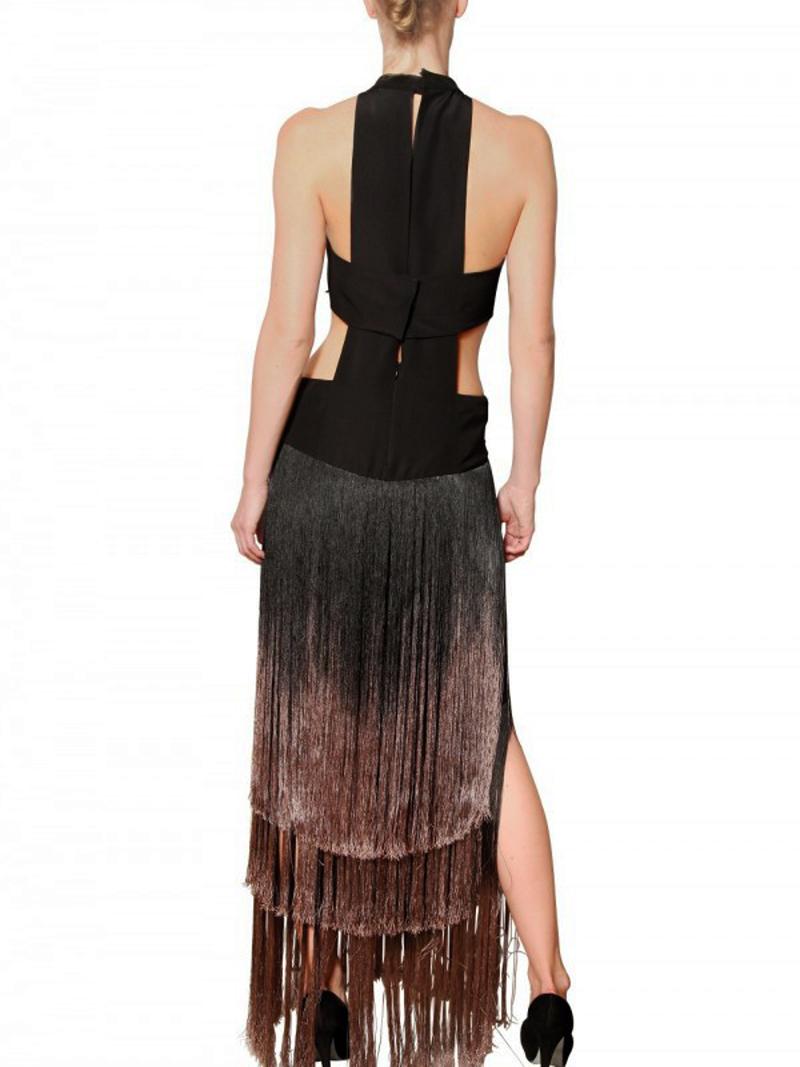 Women's Etro Runway Black Degrade Silk Fringe Cut Out Dress It. 42 For Sale