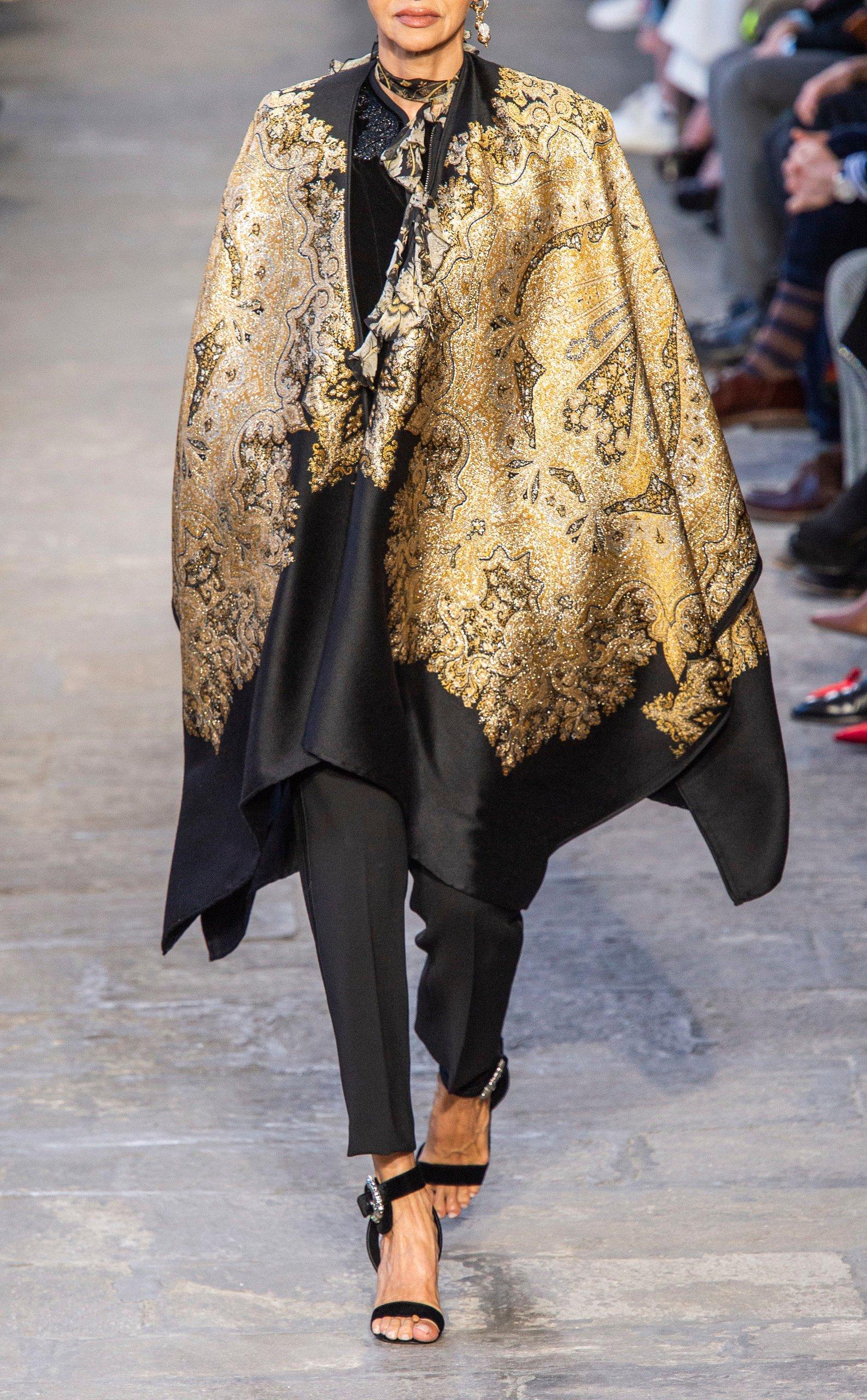 Brown Etro Runway Black & Gold Metallic Paisley Pattern Wool-Blend Jacquard Cape