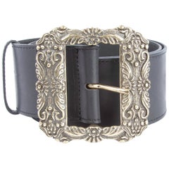 Etro Runway Black Leather Belt With Large Metal Buckle Size 75