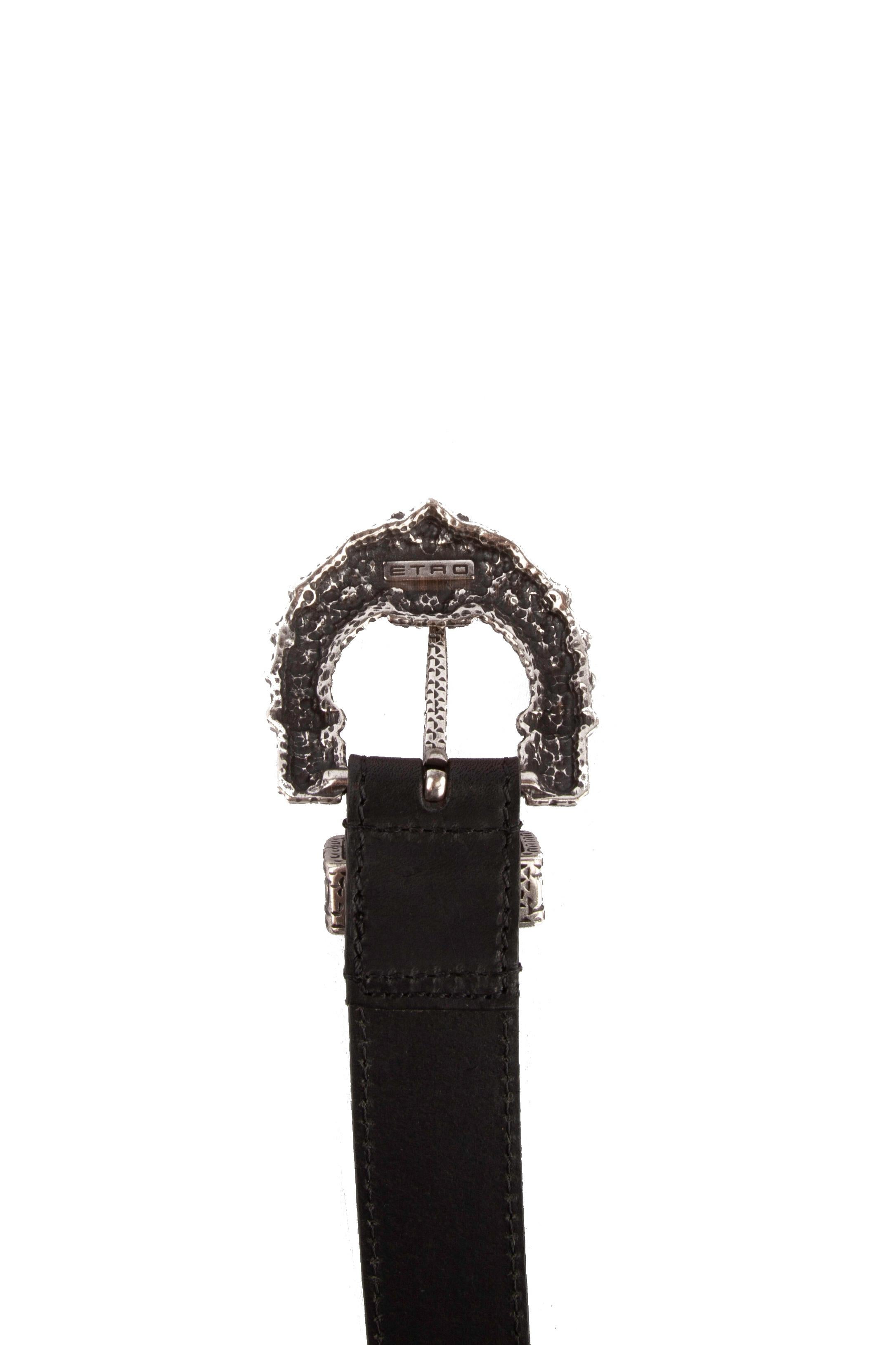 Etro Runway Embellished Buckle Black Calf Leather Belt Size 85 In New Condition In Paradise Island, BS