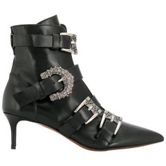 Etro Runway Embellished Side Buckle Black Leather Ankle Boots Size 36