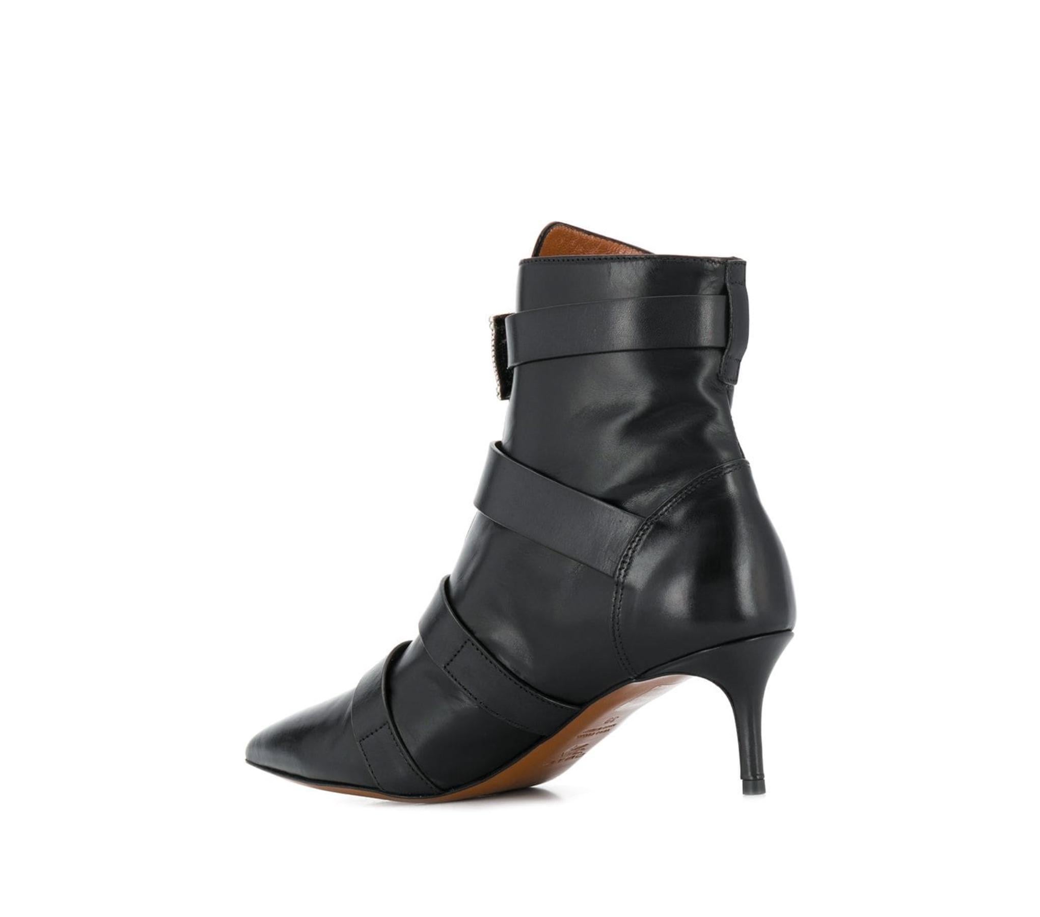 black leather flat ankle boot with side buckle