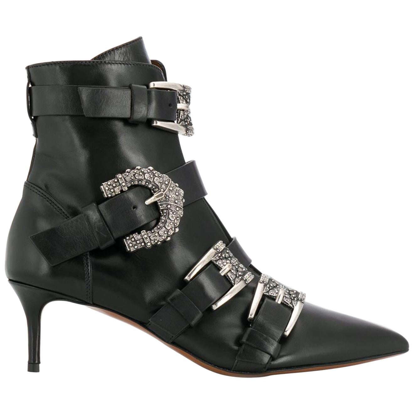 Etro Runway Embellished Side Buckle Black Leather Ankle Boots Size 39