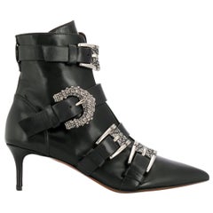 Etro Runway Embellished Side Buckle Black Leather Ankle Boots Size 40