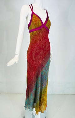 Etro Russet Blue & gold Bias Cut Silk Chiffon Print Slip Dress 42