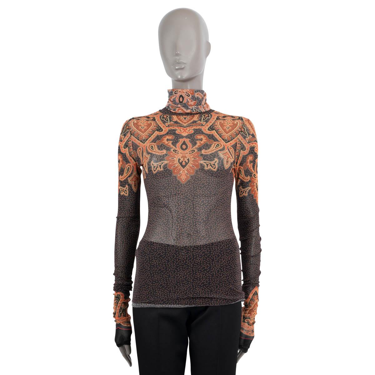 ETRO rust & black 2019 PAISLEY STRETCH-TULLE Turtleneck Sweater 42 M For Sale