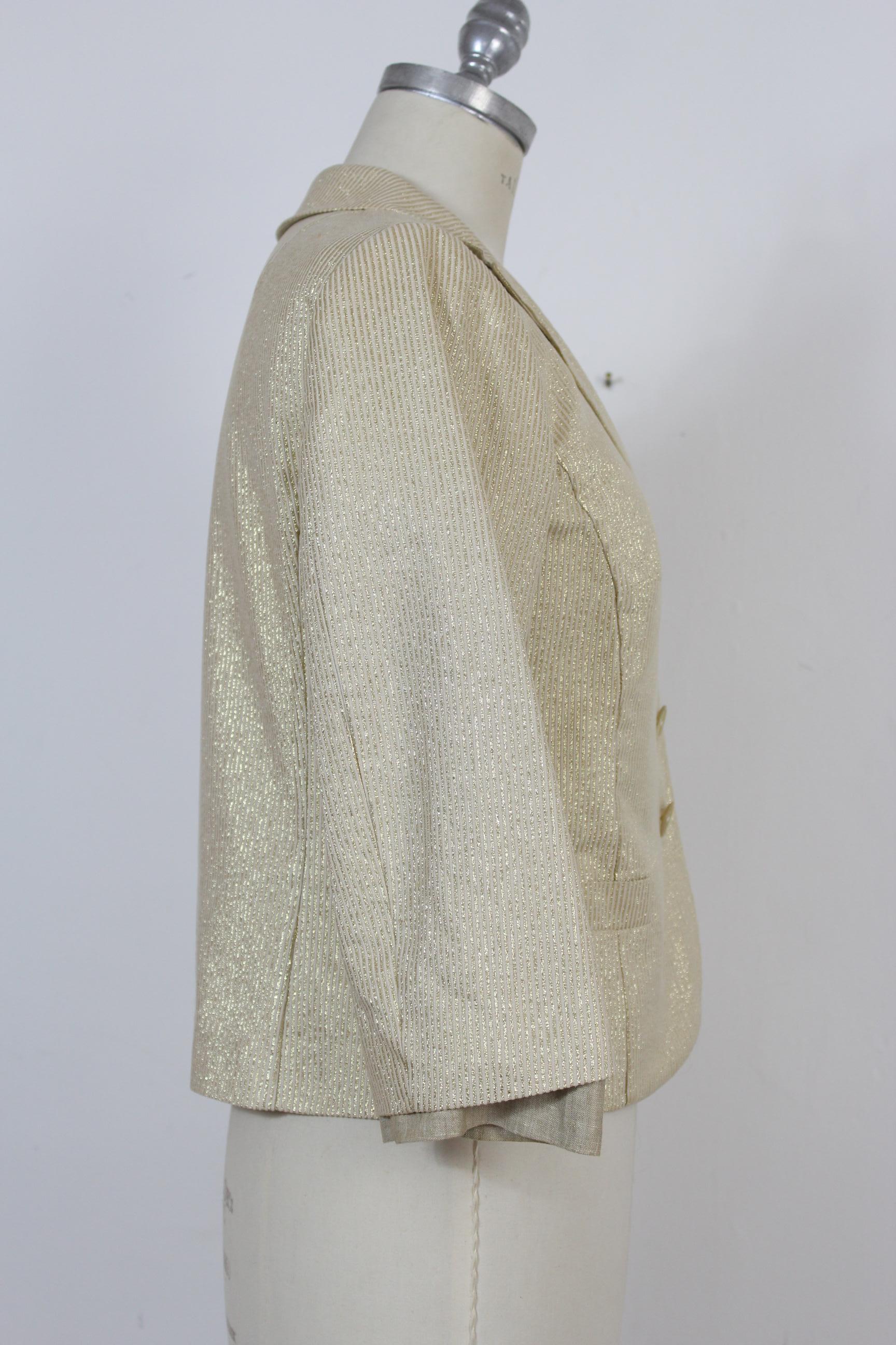 Etro Short Shiny Jacket Beige Gold Pinstripe Insert 3/4 Sleeves 2000s Cotton In Excellent Condition For Sale In Brindisi, Bt