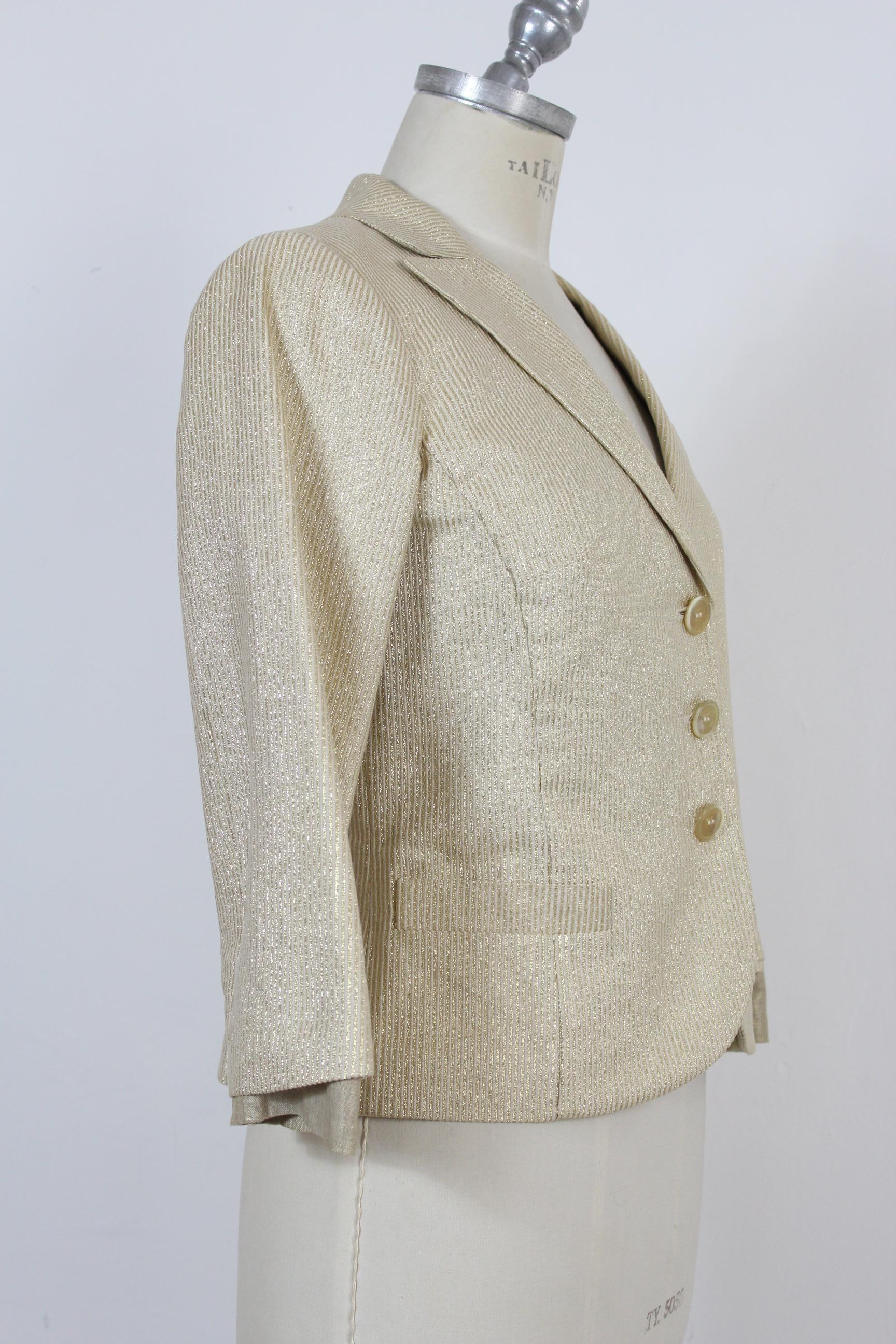 Women's Etro Short Shiny Jacket Beige Gold Pinstripe Insert 3/4 Sleeves 2000s Cotton For Sale