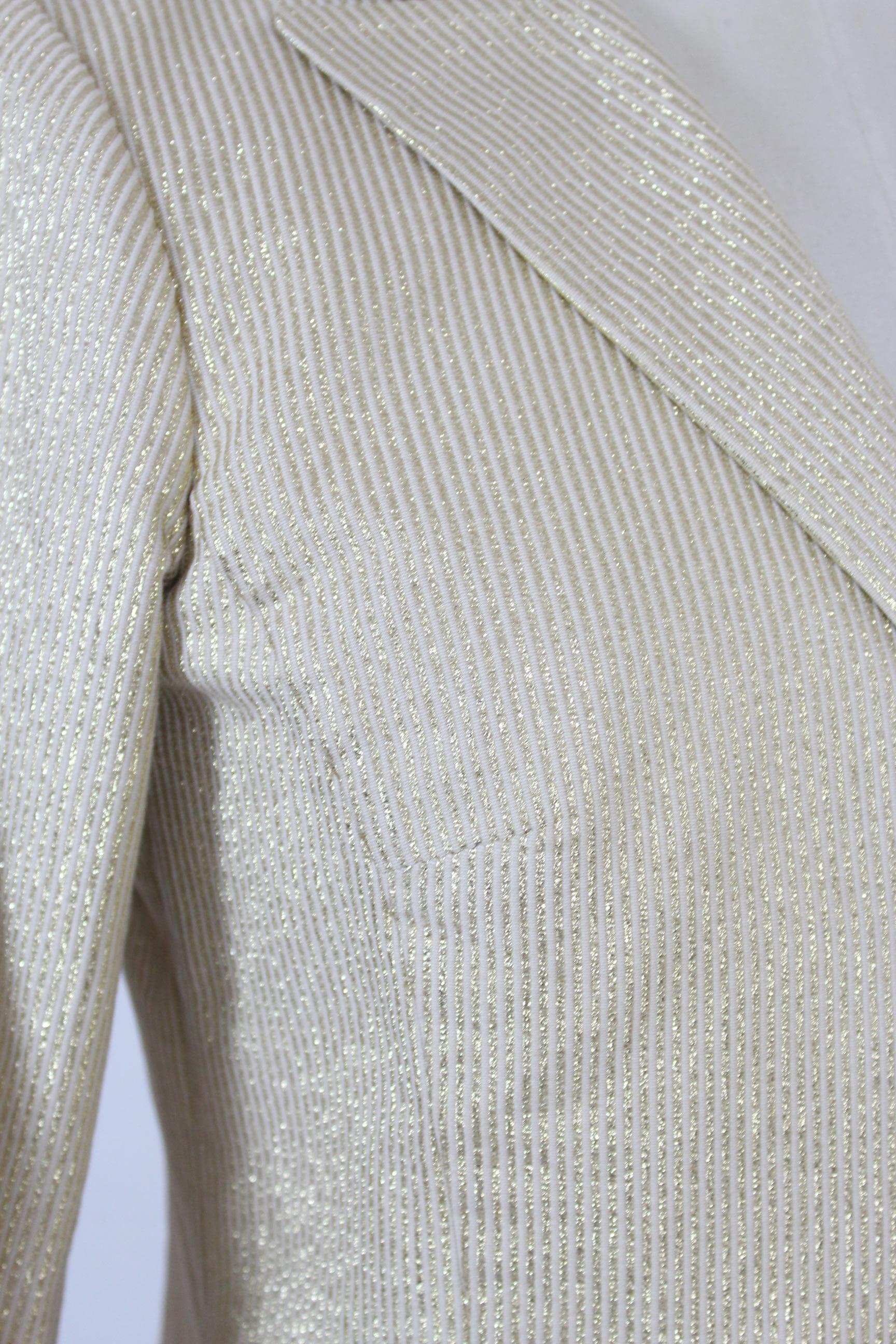 Etro Short Shiny Jacket Beige Gold Pinstripe Insert 3/4 Sleeves 2000s Cotton For Sale 1