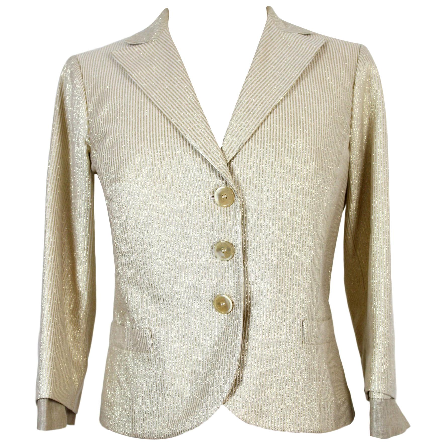 Etro Short Shiny Jacket Beige Gold Pinstripe Insert 3/4 Sleeves 2000s Cotton