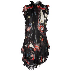 Etro Runway Short Sleeved Black Print Silk Tiered Ruffle Mini Dress Size 40