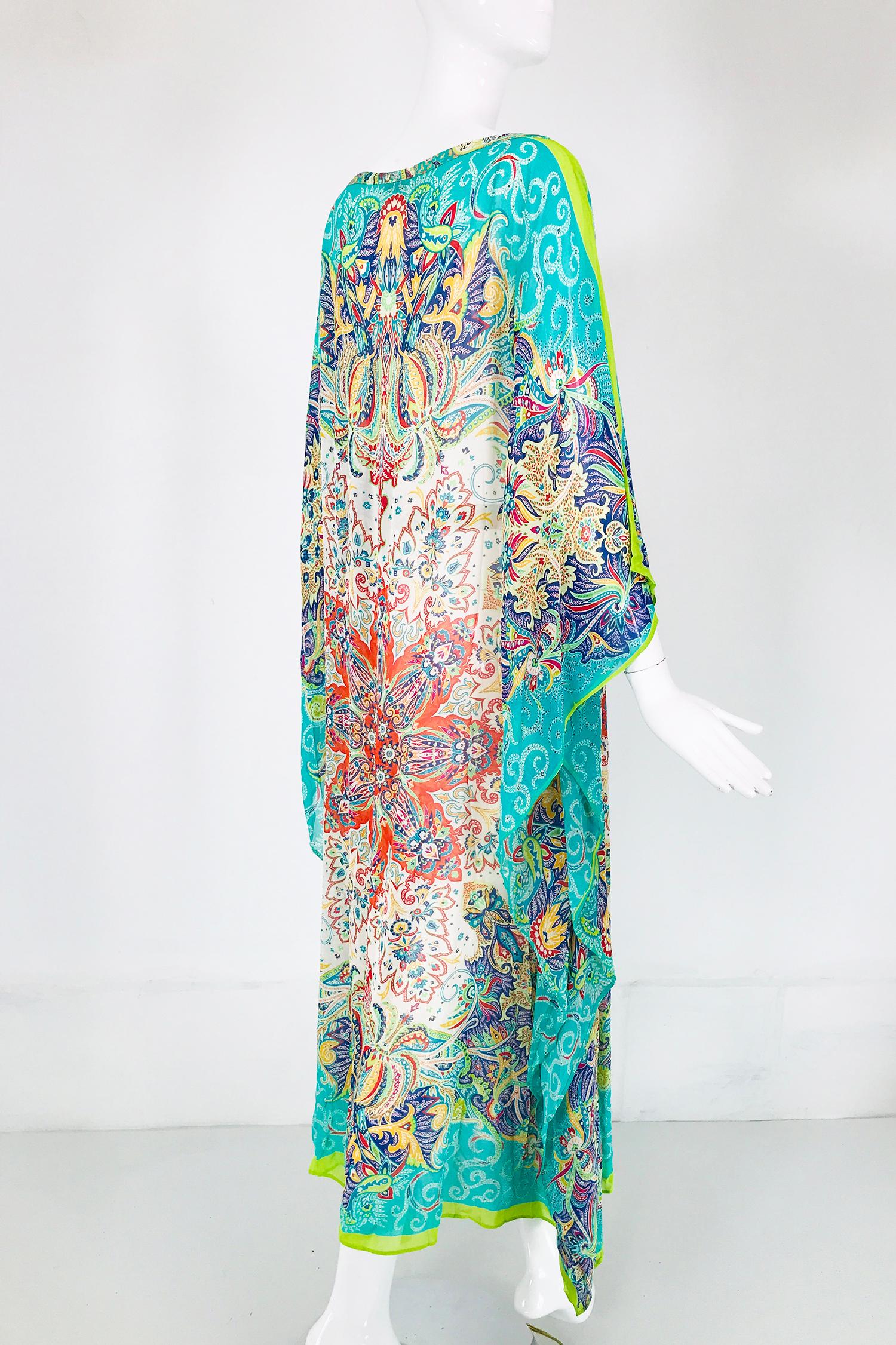 Etro Signature Turquoise Paisley Silk Chiffon caftan In Good Condition In West Palm Beach, FL