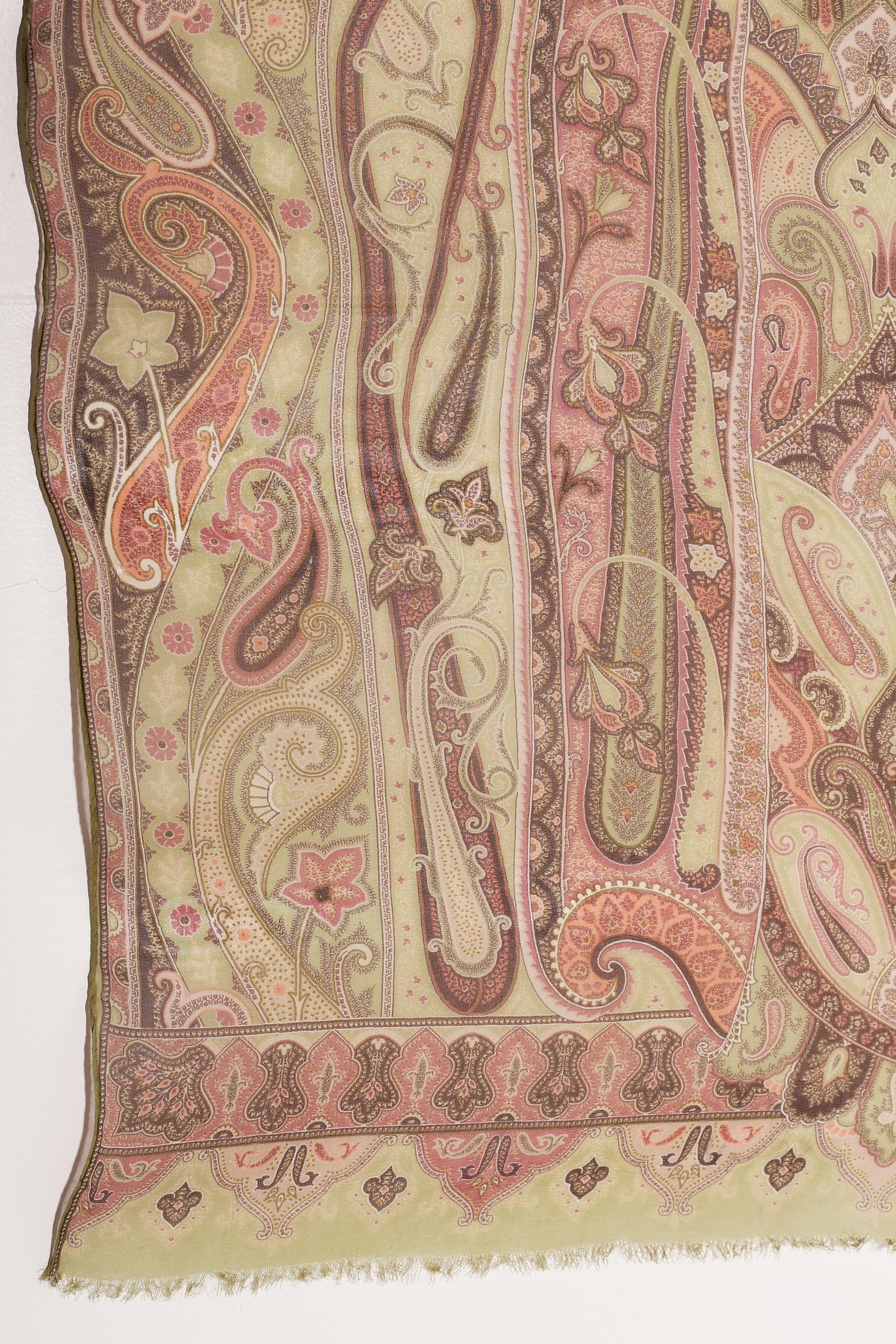  Etro Silk chiffon scarf swirling paisley patters in pastel greens For Sale 1