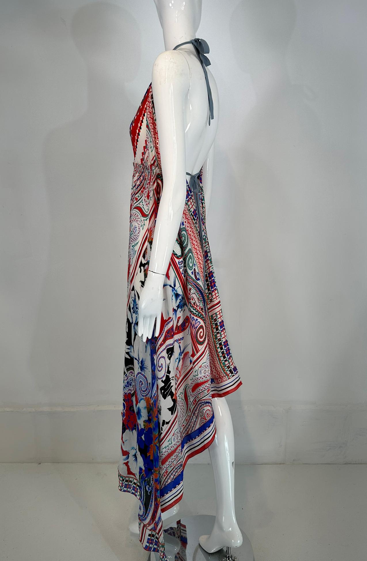 Etro Silk Print Crepe de Chine Halter Neck Asymmetrical Hem Peek A Boo Dress S For Sale 6