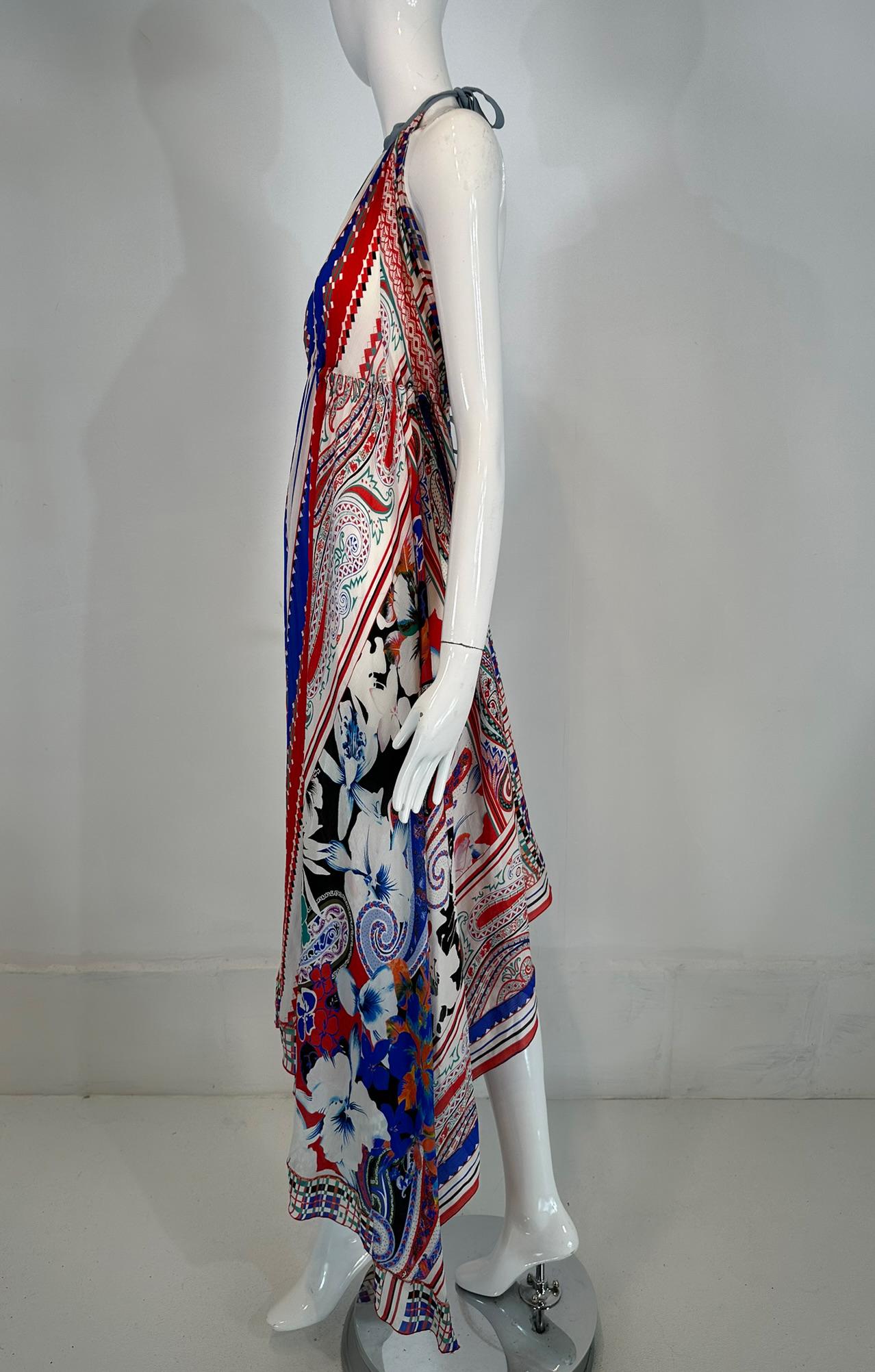 Etro Silk Print Crepe de Chine Halter Neck Asymmetrical Hem Peek A Boo Dress S For Sale 7