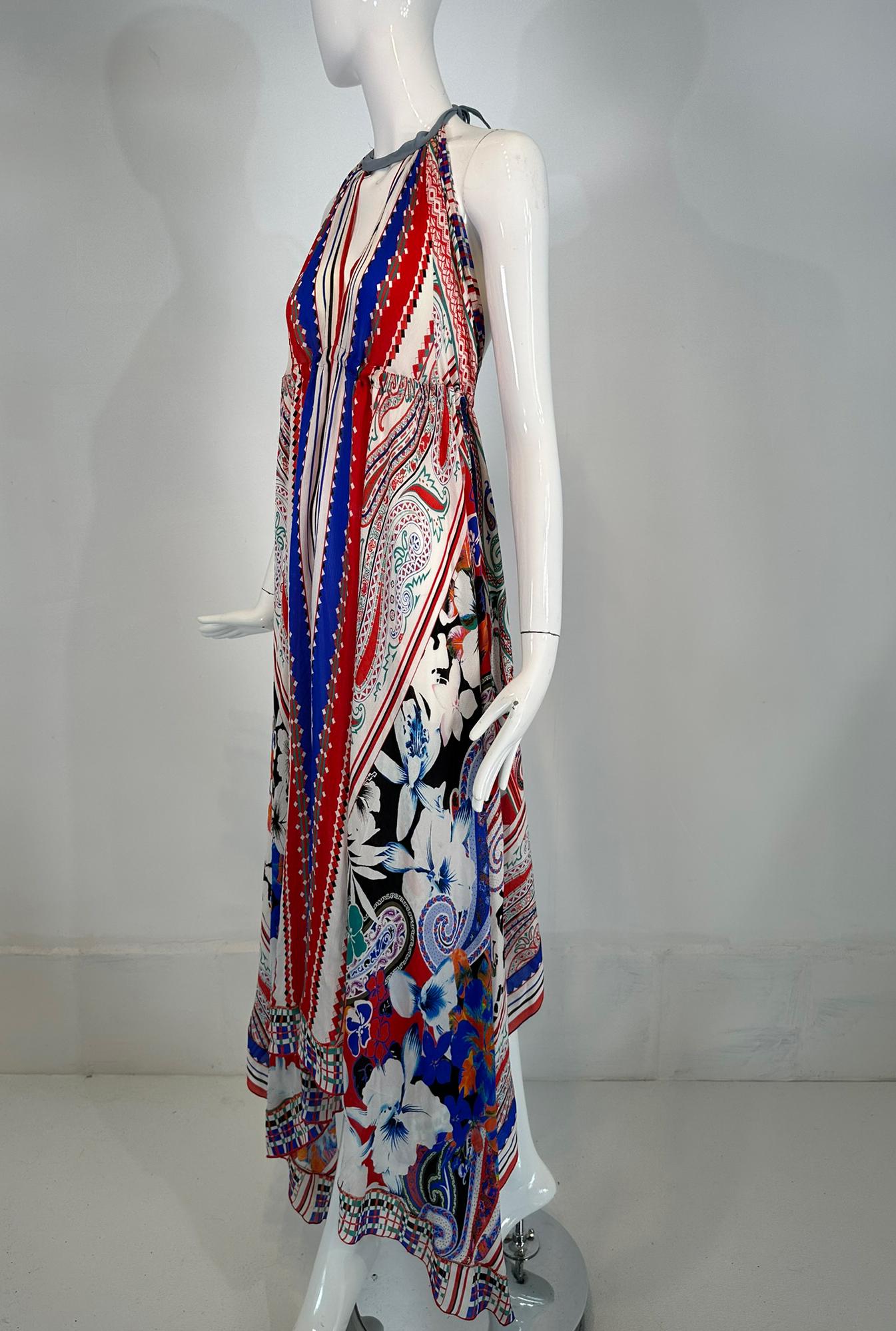Etro Silk Print Crepe de Chine Halter Neck Asymmetrical Hem Peek A Boo Dress S For Sale 8