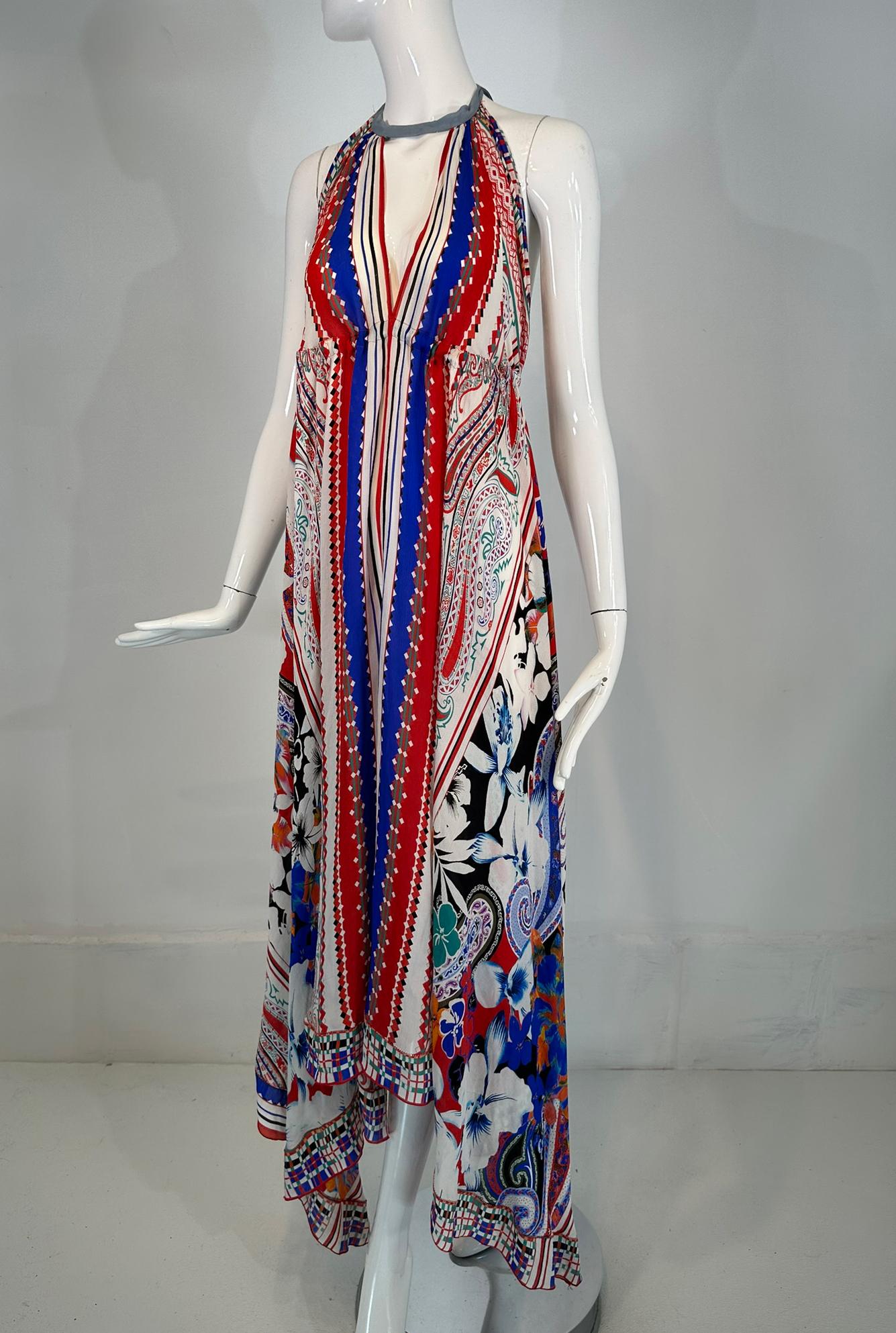 Etro Silk Print Crepe de Chine Halter Neck Asymmetrical Hem Peek A Boo Dress S For Sale 9