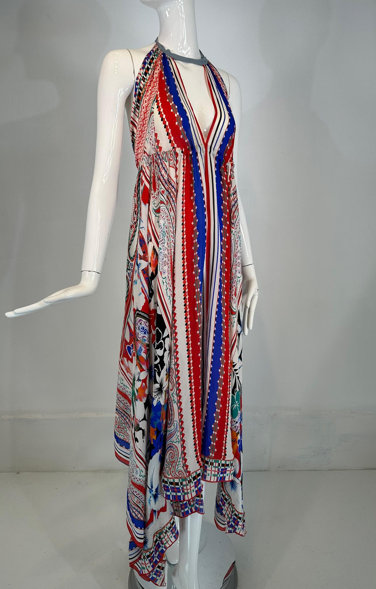 Etro silk print crepe de chine halter neck asymmetrical hem peek a boo dress, in red & blue stripes with florals on a white ground. The perfect dress for warm days. Slips on ties at the neck back and upper back with a cord that runs under the bust.