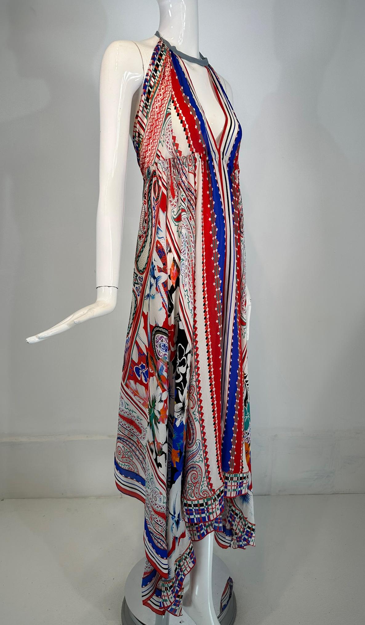 Gray Etro Silk Print Crepe de Chine Halter Neck Asymmetrical Hem Peek A Boo Dress S For Sale