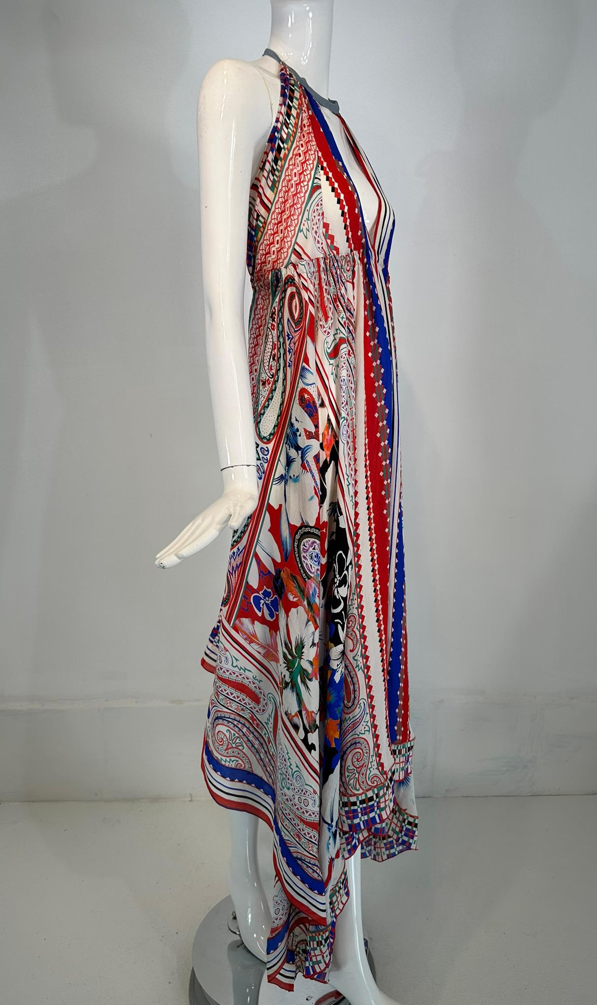 Etro Silk Print Crepe de Chine Halter Neck Asymmetrical Hem Peek A Boo Dress S In Good Condition For Sale In West Palm Beach, FL