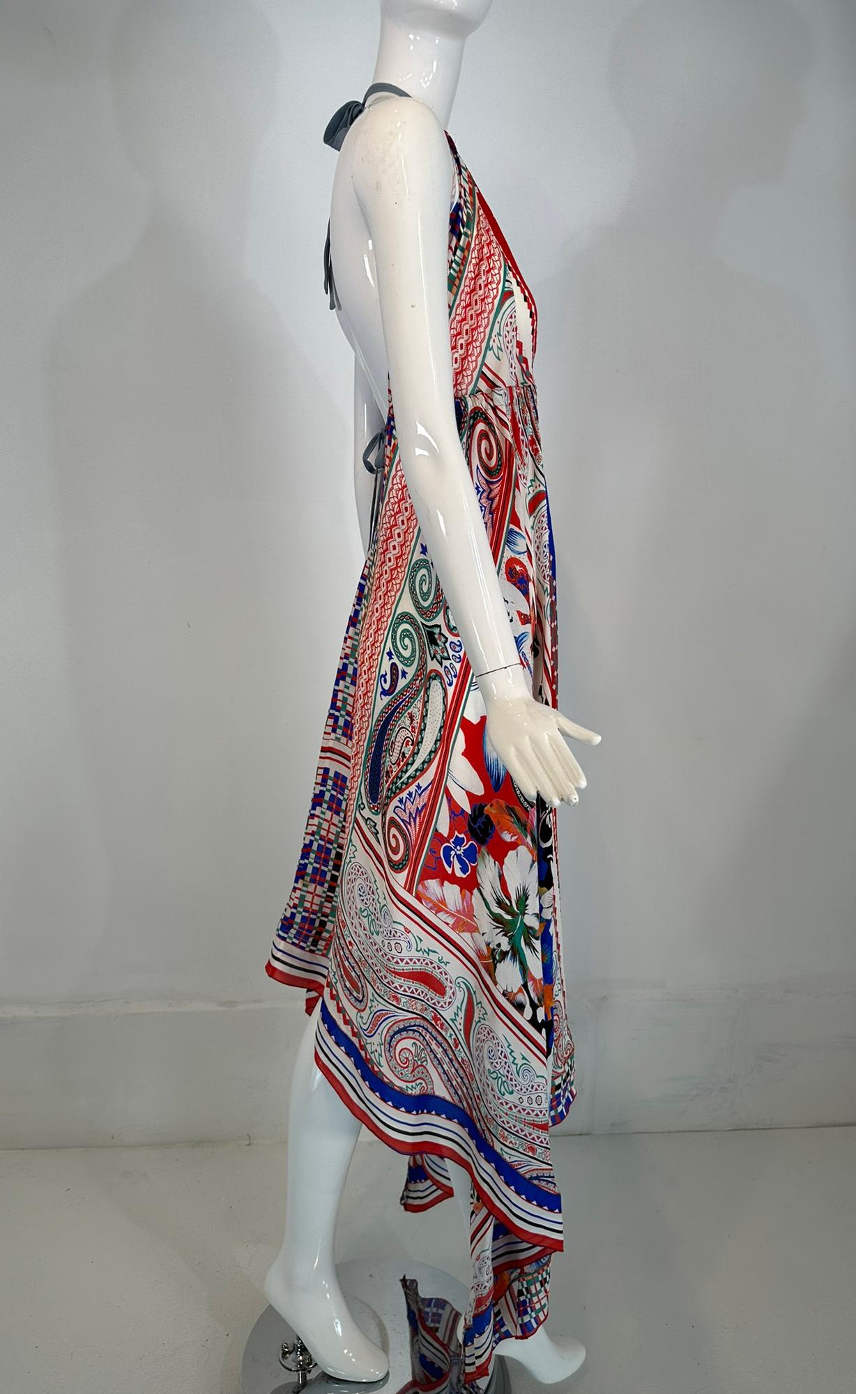 Women's Etro Silk Print Crepe de Chine Halter Neck Asymmetrical Hem Peek A Boo Dress S For Sale