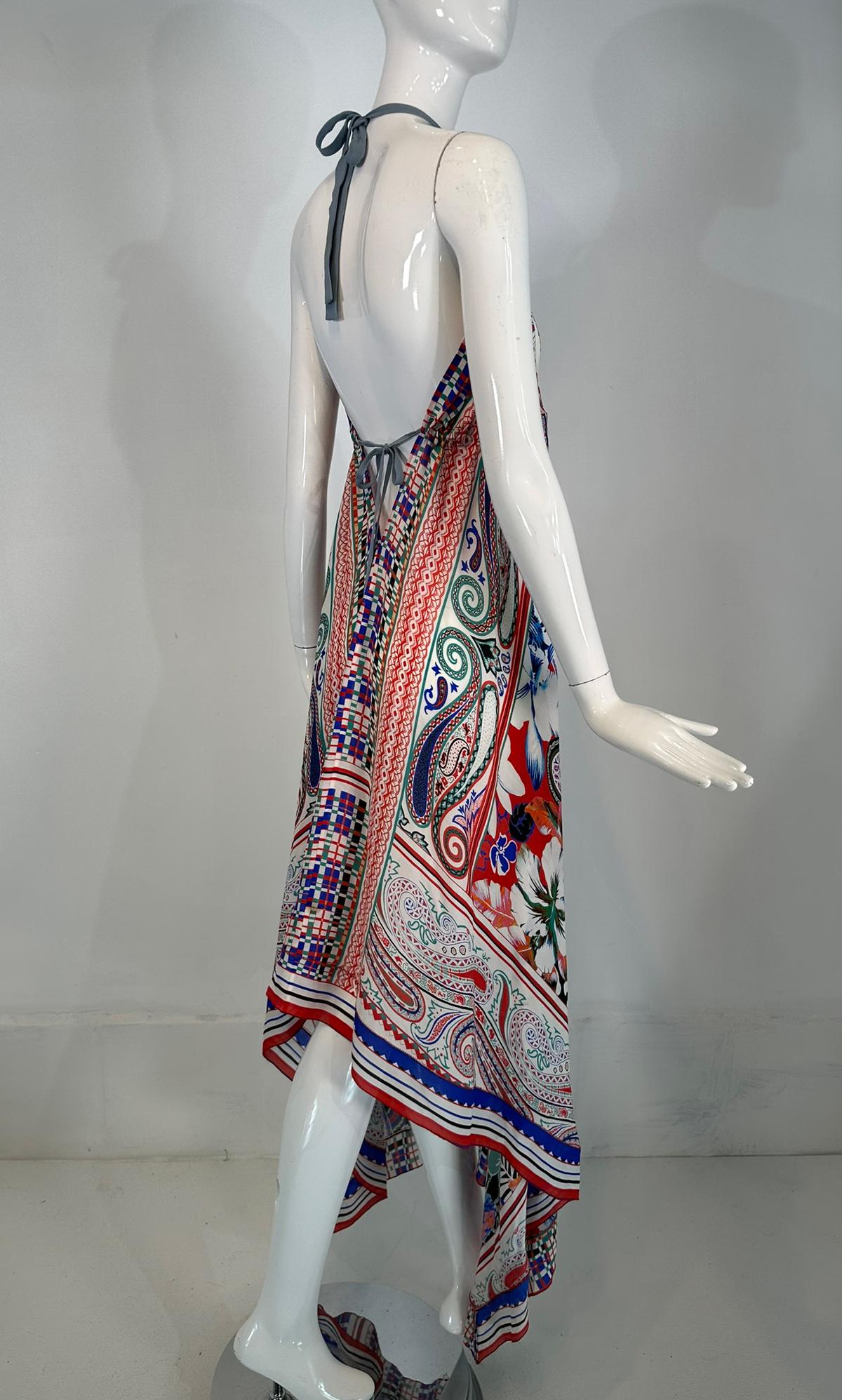 Etro Silk Print Crepe de Chine Halter Neck Asymmetrical Hem Peek A Boo Dress S For Sale 1
