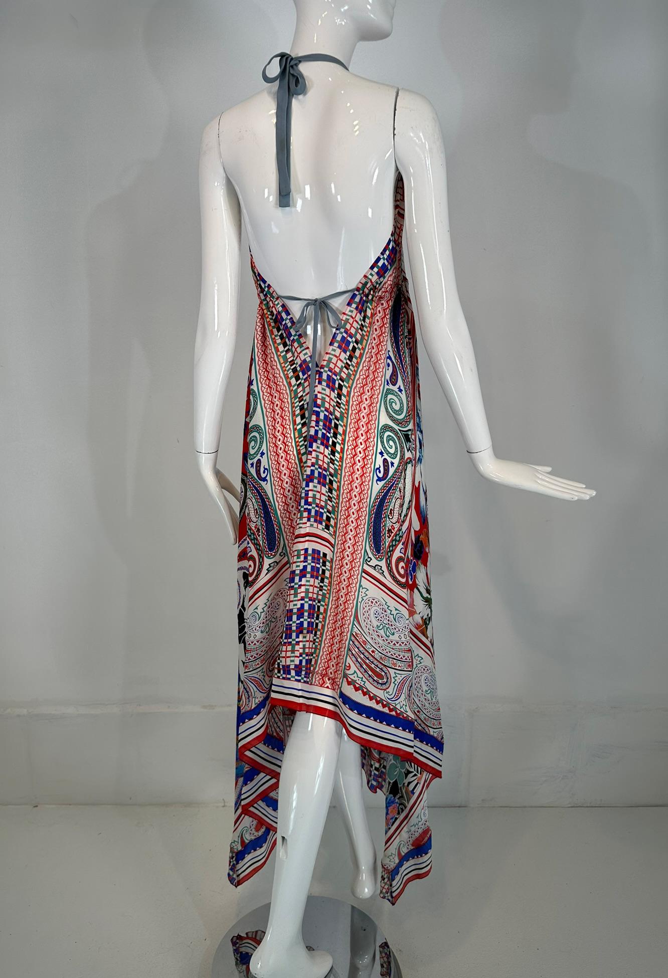Etro Silk Print Crepe de Chine Halter Neck Asymmetrical Hem Peek A Boo Dress S For Sale 2