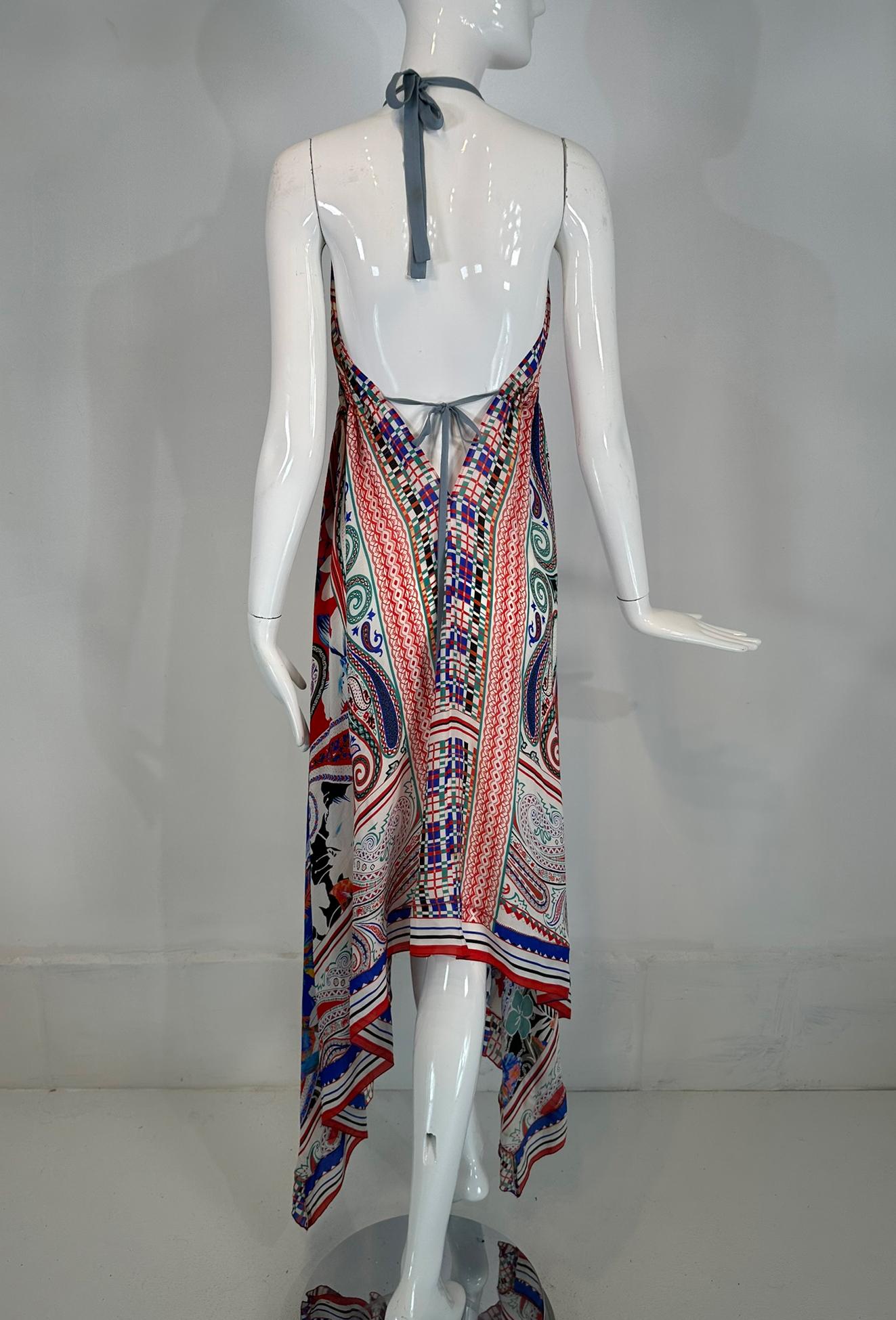 Etro Silk Print Crepe de Chine Halter Neck Asymmetrical Hem Peek A Boo Dress S For Sale 3