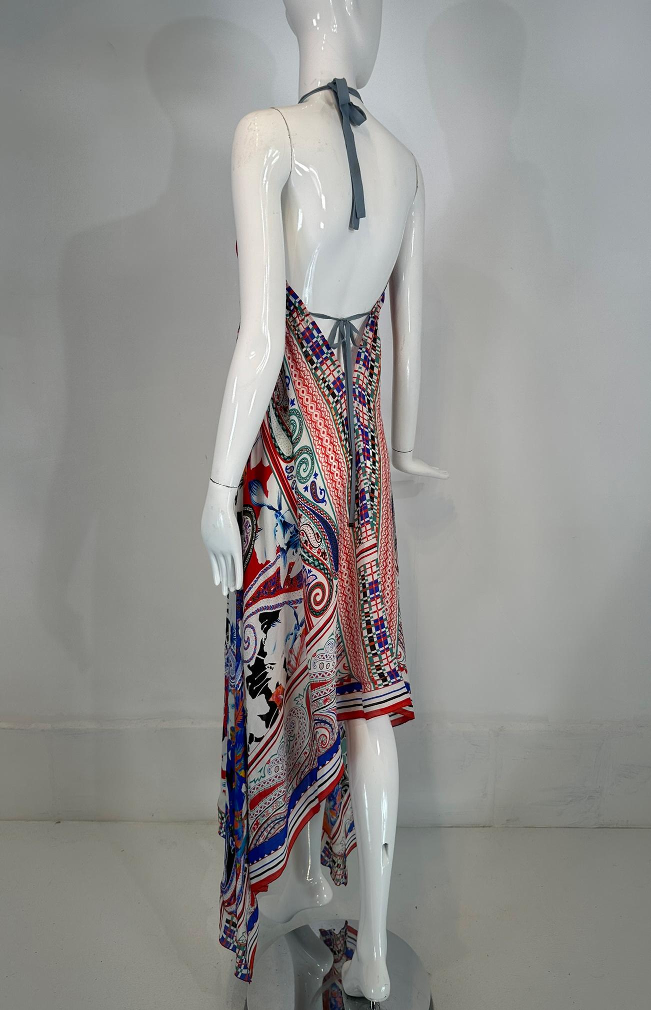 Etro Silk Print Crepe de Chine Halter Neck Asymmetrical Hem Peek A Boo Dress S For Sale 4