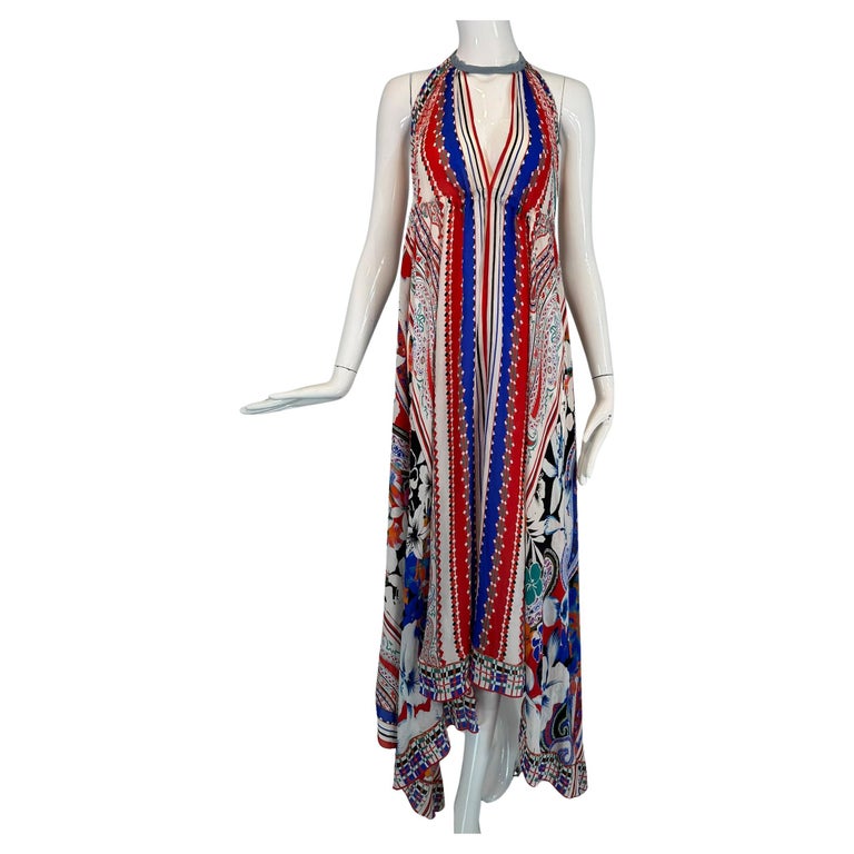 Etro Silk Print Crepe de Chine Halter Neck Asymmetrical Hem Peek A Boo  Dress S