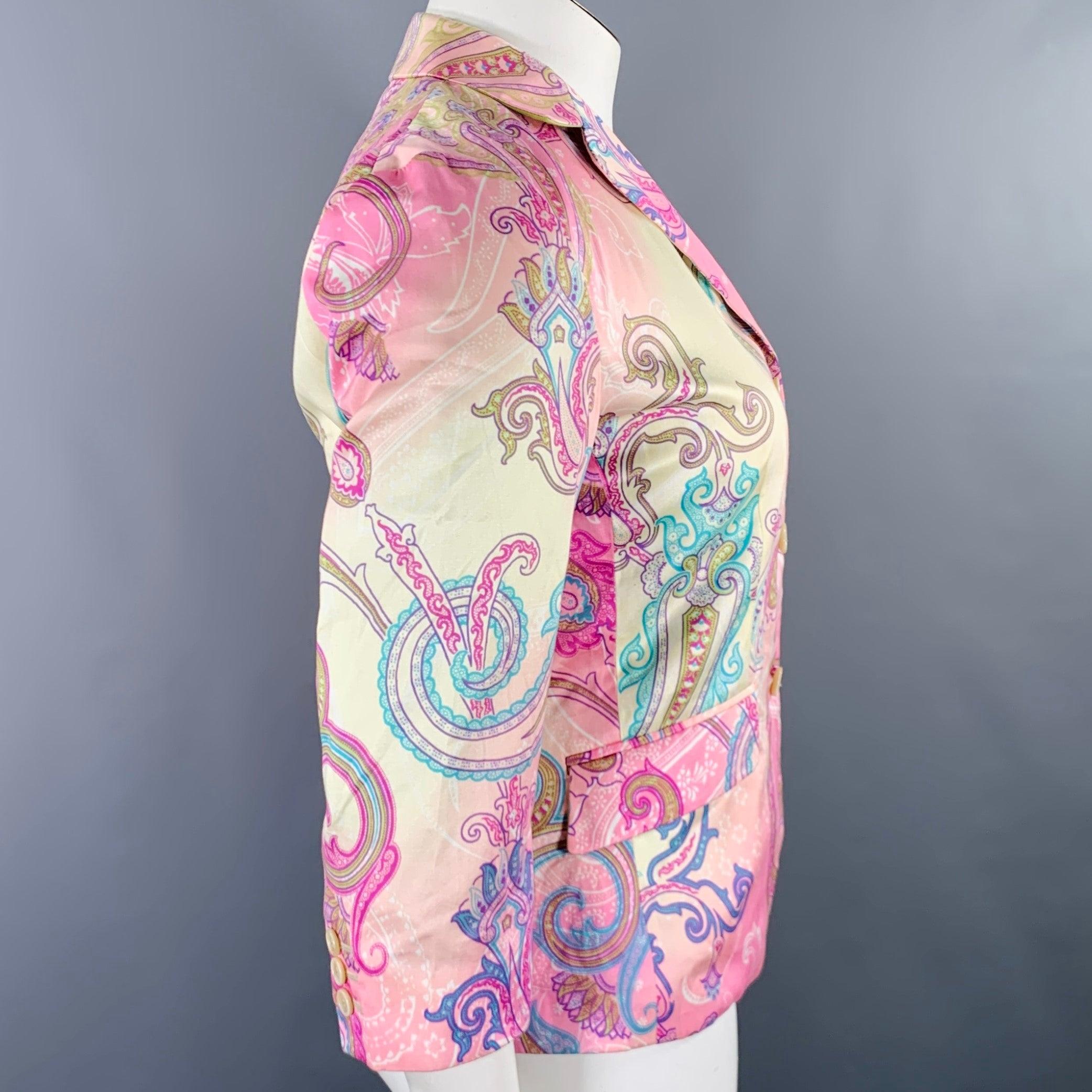 ETRO blazer
in a pink and multi-color cotton woven fabric featuring a vibrant paisley print, notch lapel, ventless back, and three button closure. Made in Italy.Excellent Pre-Owned Condition. 

Marked:   IT 46  

Measurements: 
 
Shoulder: 16 inches