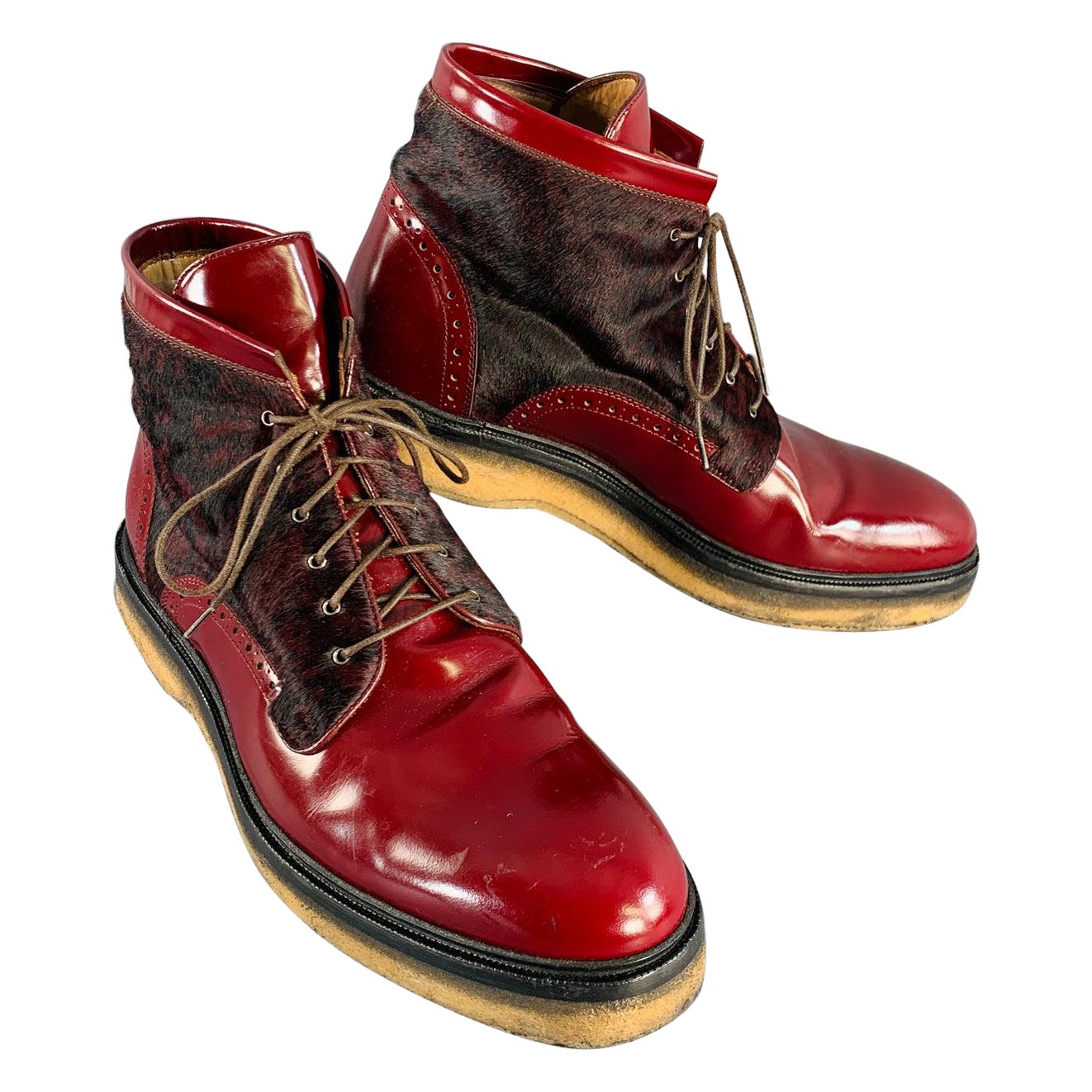 ETRO Size 10 Red Paisley Pony Hair Leather Crepe Sole Ankle Boots For Sale