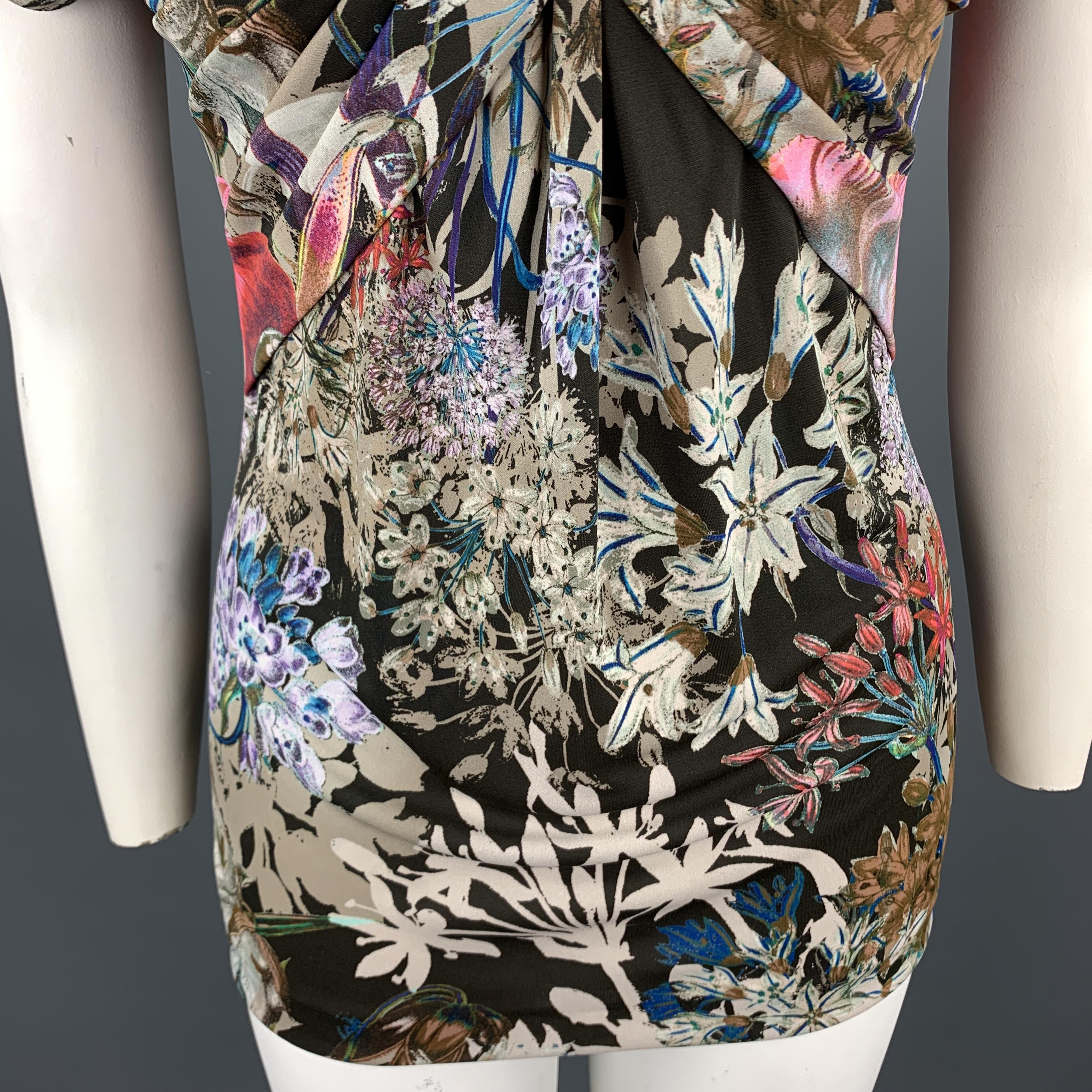 ETRO Size 12 Beige Multi-Color Floral Draped Jersey Blouse In Excellent Condition In San Francisco, CA
