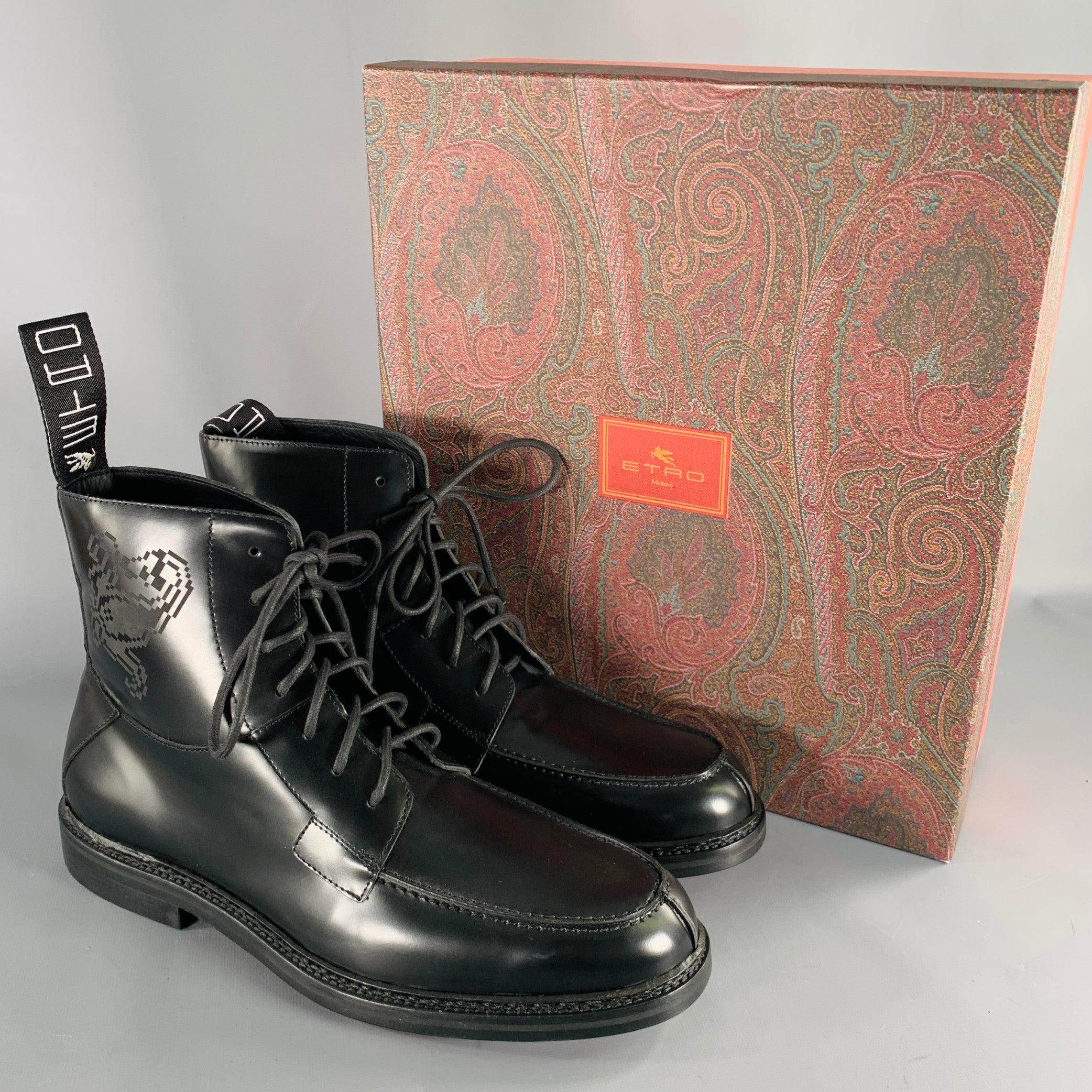 ETRO Size 12 Black Leather Pixel Art Lace-Up Boots For Sale 6