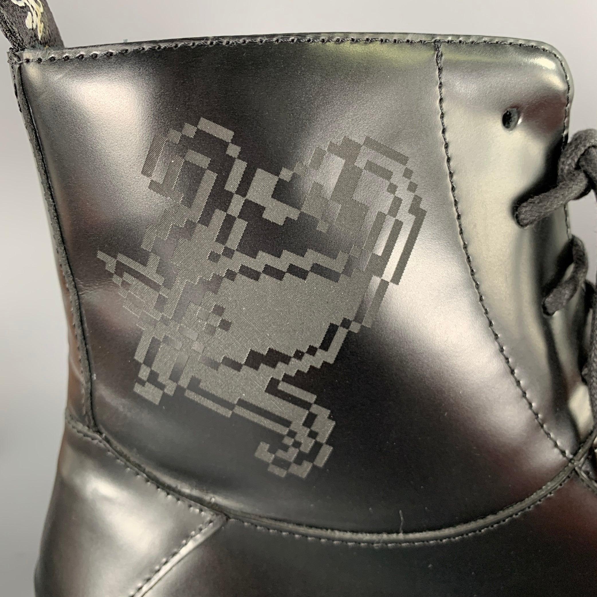 ETRO Size 12 Black Leather Pixel Art Lace-Up Boots In Good Condition For Sale In San Francisco, CA