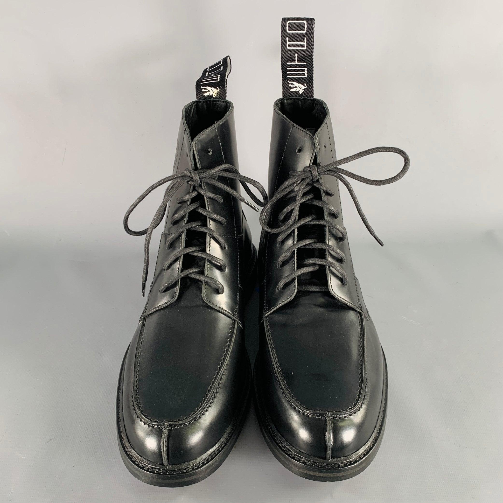 ETRO Size 12 Black Leather Pixel Art Lace-Up Boots For Sale 1