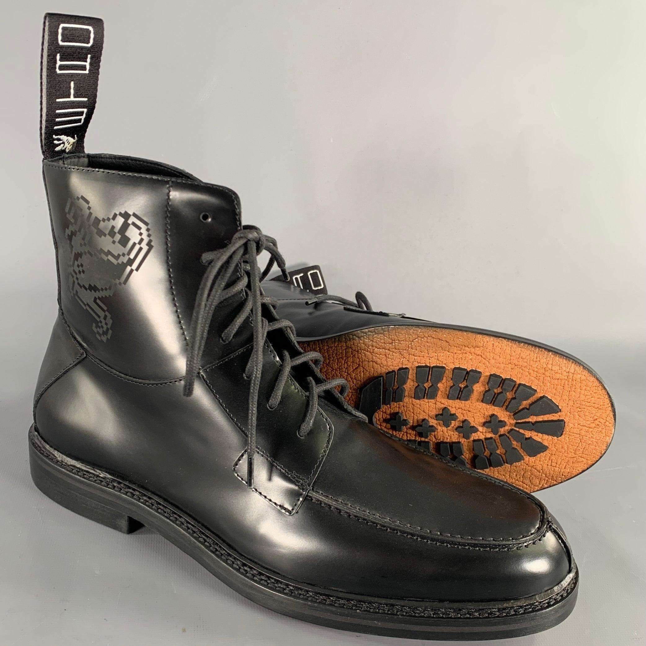ETRO Size 12 Black Leather Pixel Art Lace-Up Boots For Sale 2