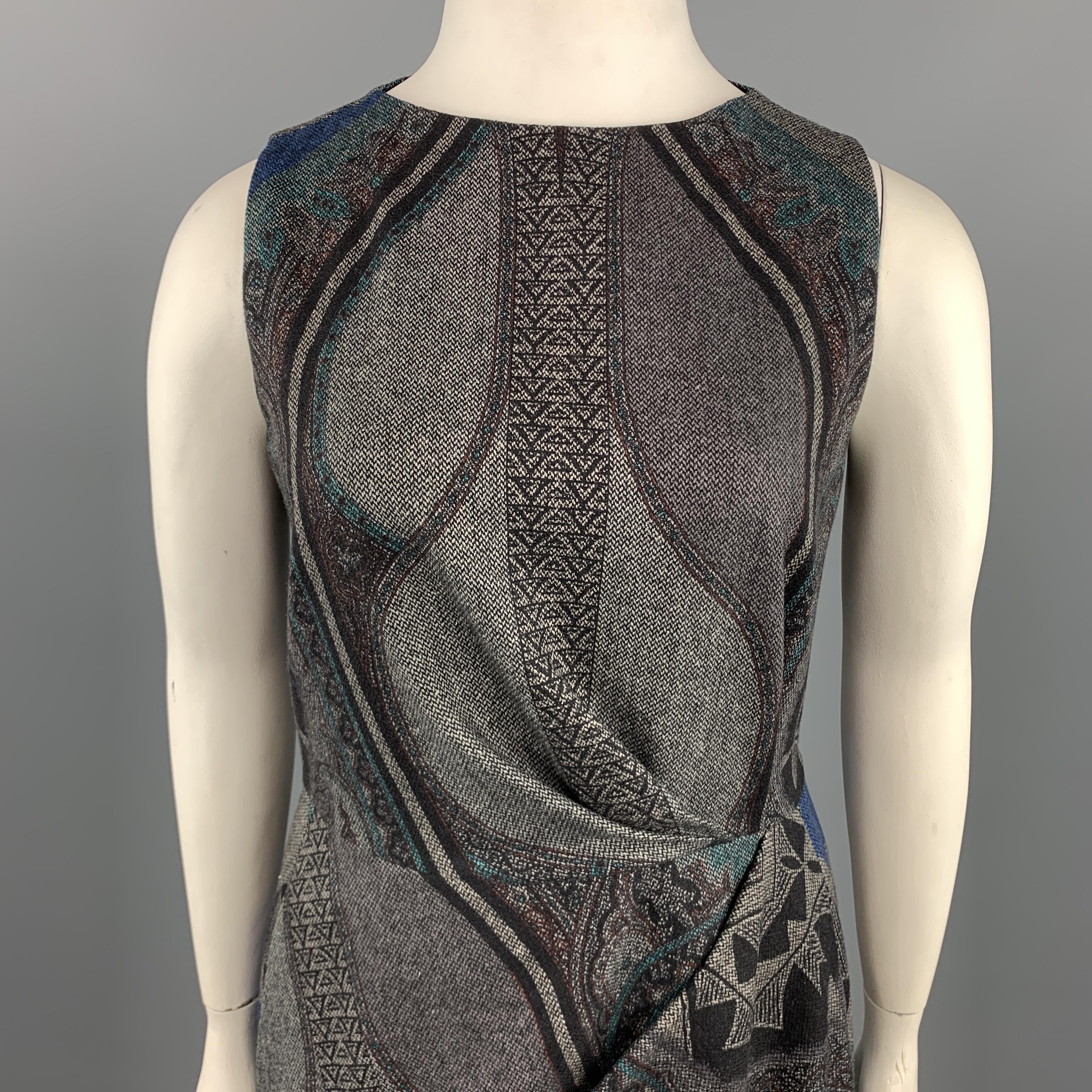 Sleeveless ETRO shift dress comes in a printed gray woven wool blend fabric with a round neckline, pockets, and asymmetrical drape front. Made in Italy.

Excellent Pre-Owned Condition. Retails: $2,100.00.
Marked: IT 48

Measurements:

l	Shoulder: 14