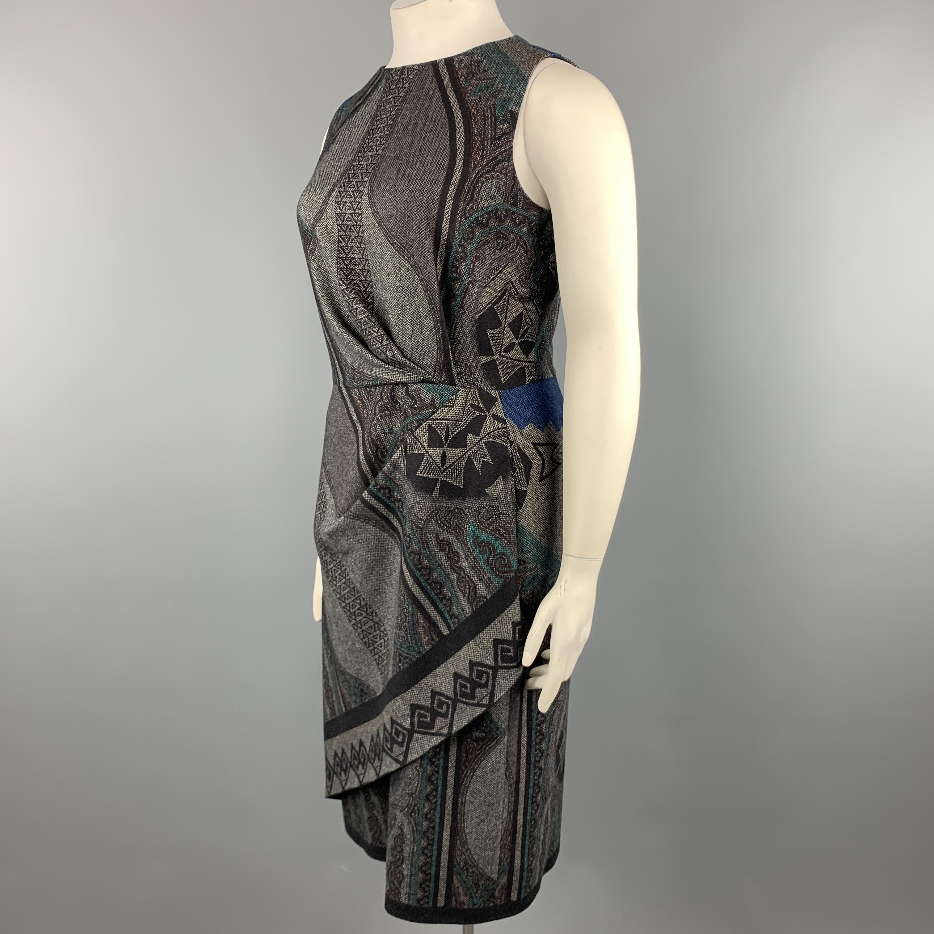 ETRO Size 12 Grey Printed Wool Blend Sleeveless Drape Shift Dress In Excellent Condition In San Francisco, CA