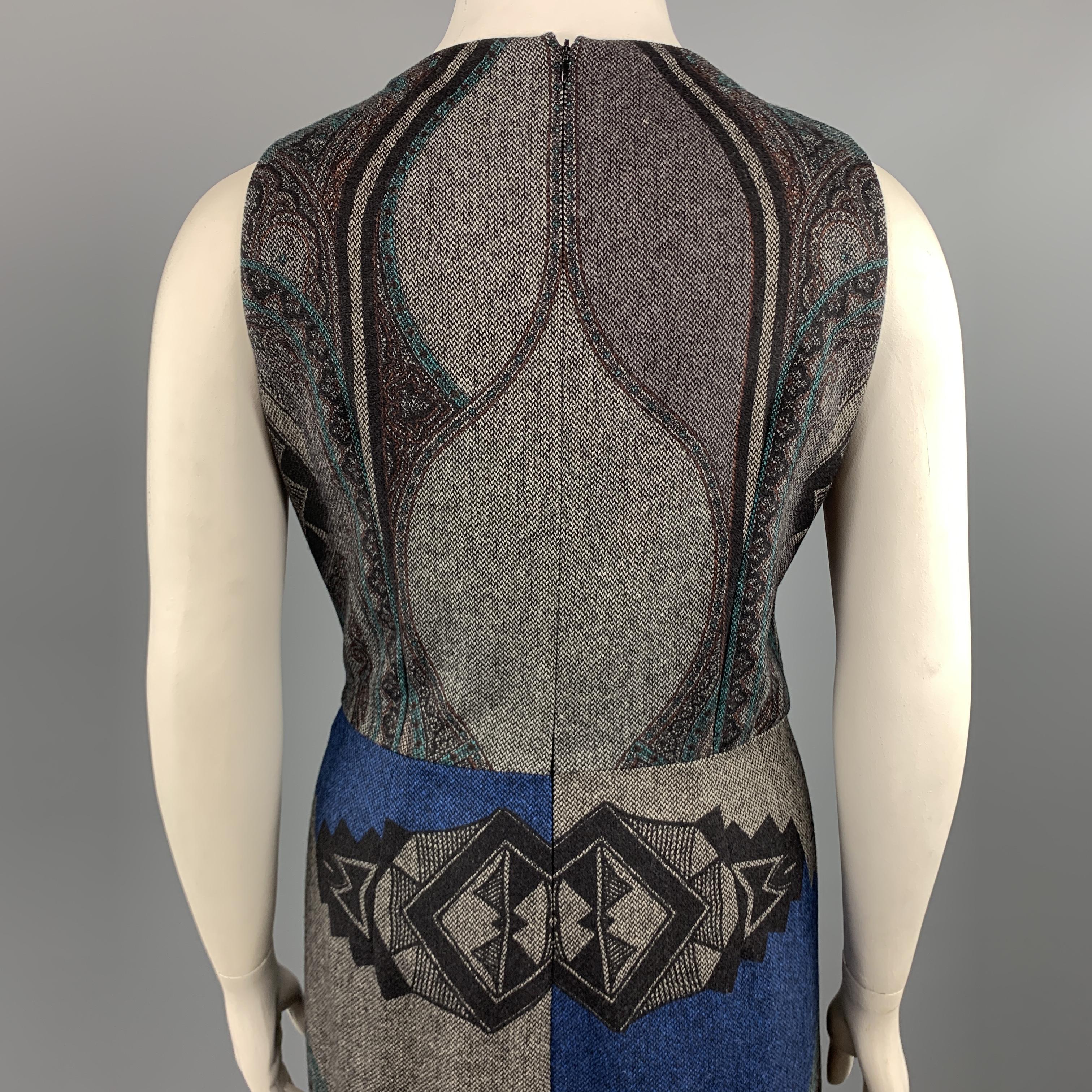 ETRO Size 12 Grey Printed Wool Blend Sleeveless Drape Shift Dress 1