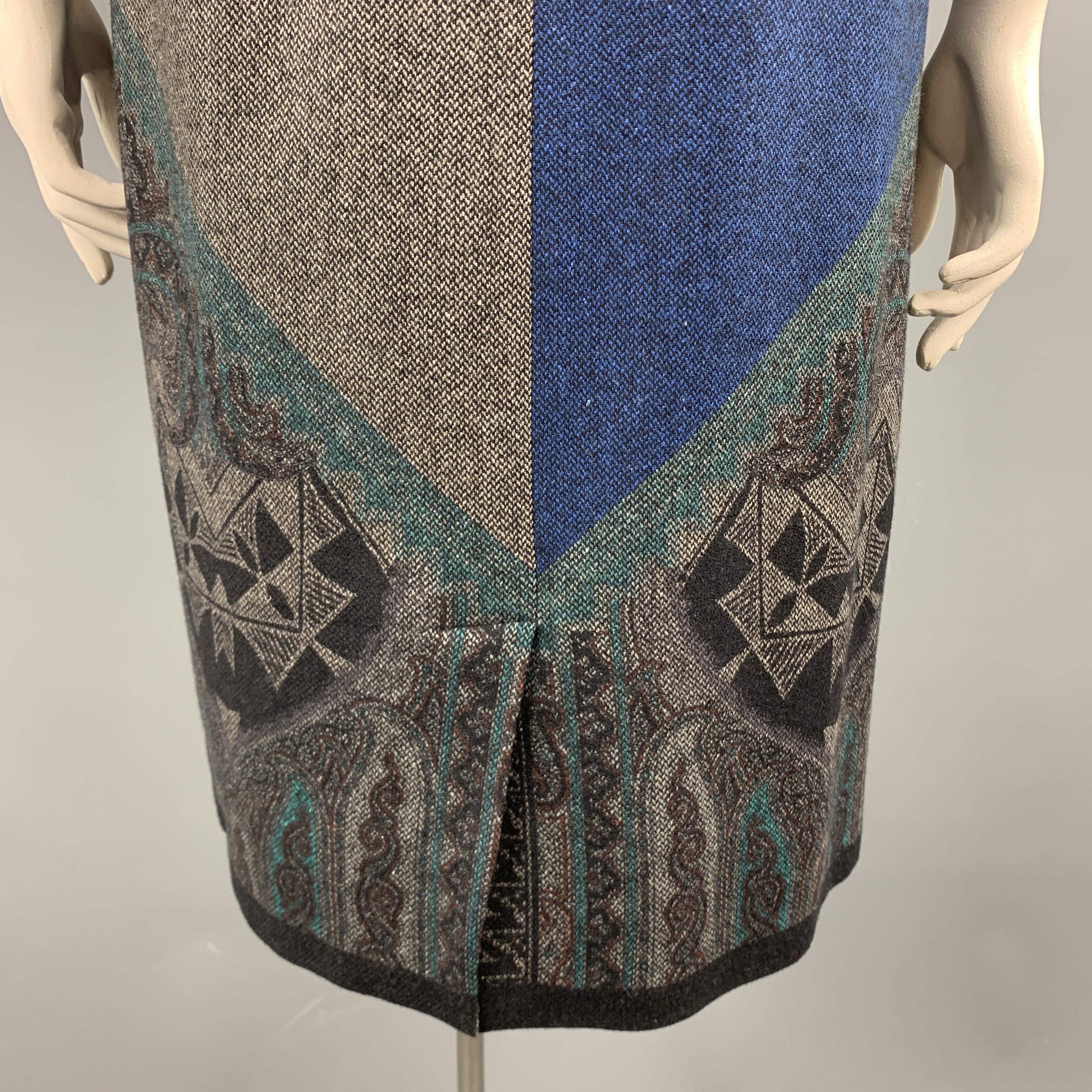 ETRO Size 12 Grey Printed Wool Blend Sleeveless Drape Shift Dress 2