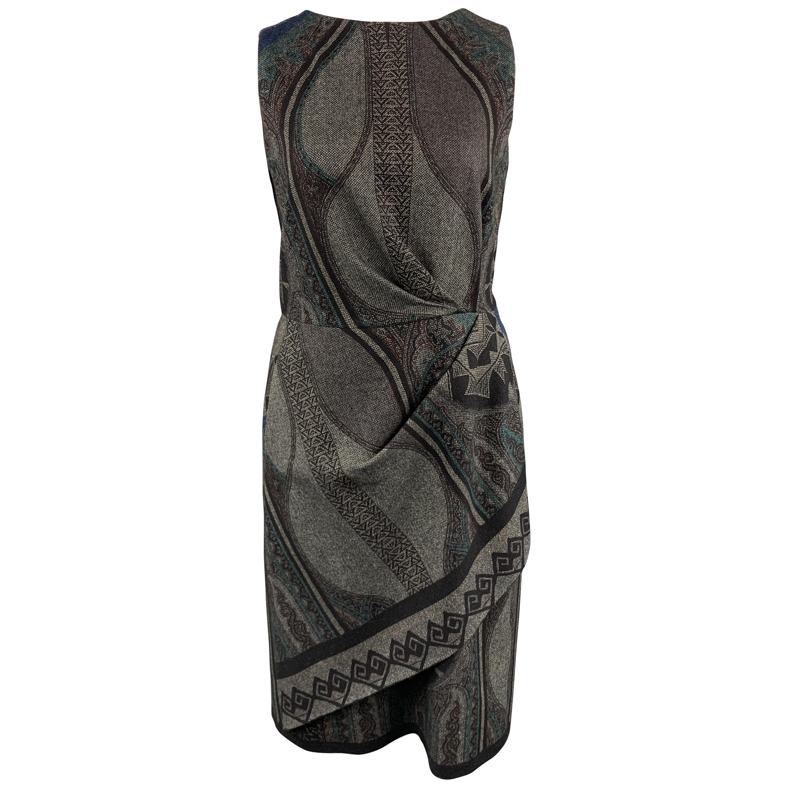 ETRO Size 12 Grey Printed Wool Blend Sleeveless Drape Shift Dress