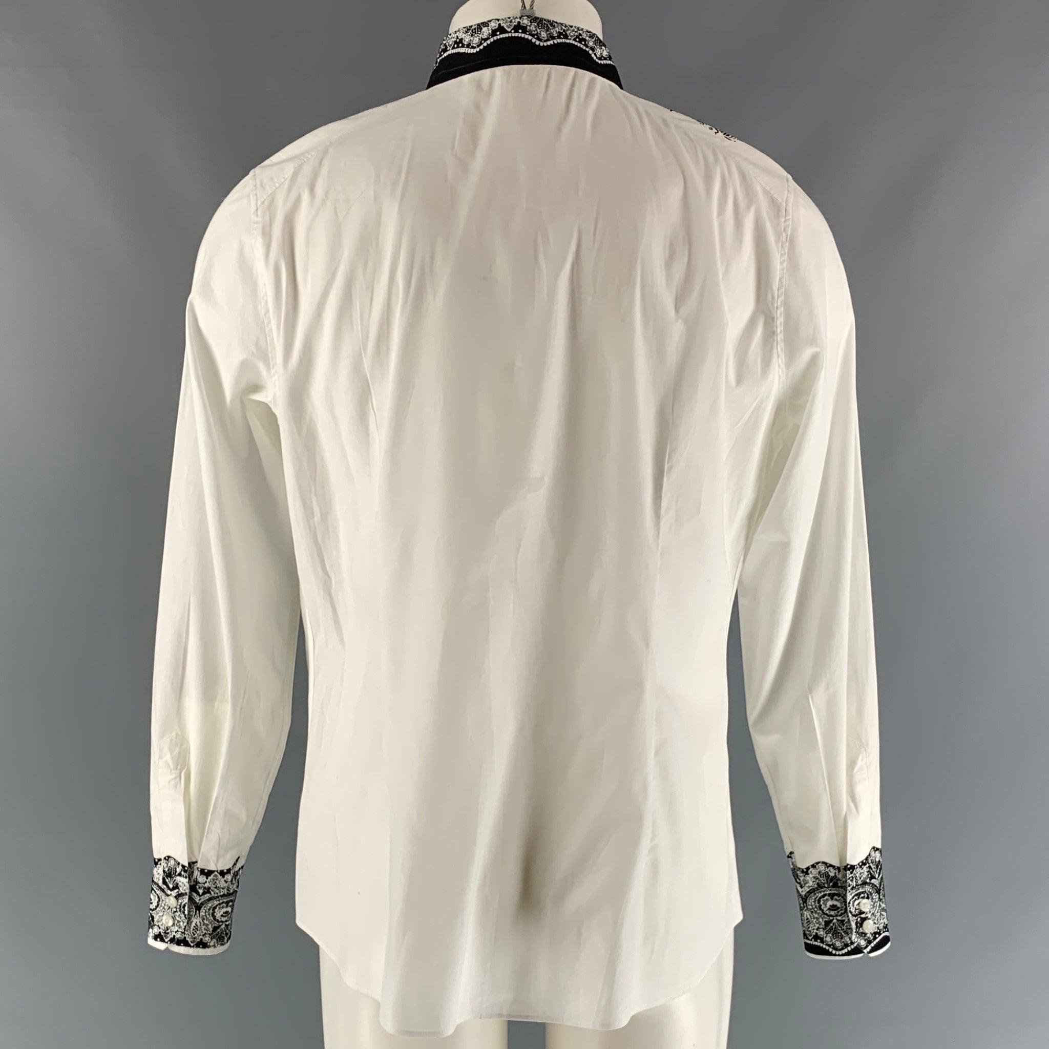 Women's ETRO Size 14 White Black Cotton &  Elastane Print Shirt For Sale