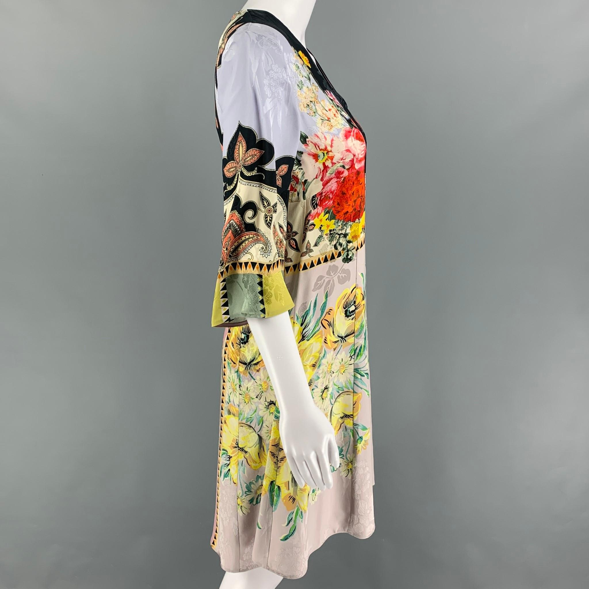 Beige ETRO Size 2 Multi-Color Viscose Silk Floral 3/4 Sleeves Dress
